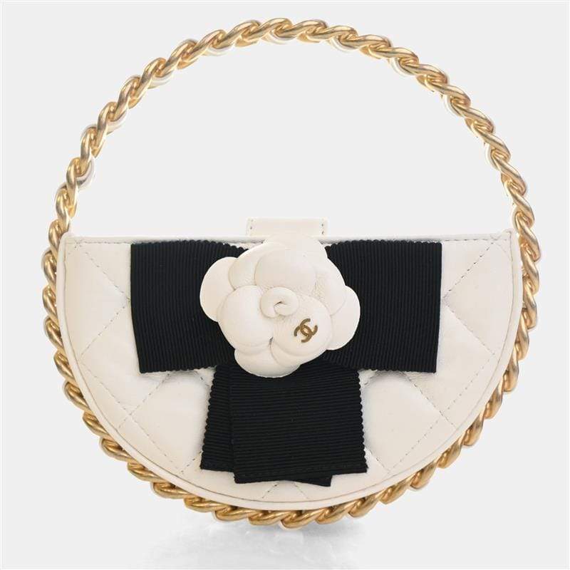 Pre Owned Chanel Round Camellia Clutch Hula Hoop Mini White Lambskin Leather Clutch Bag