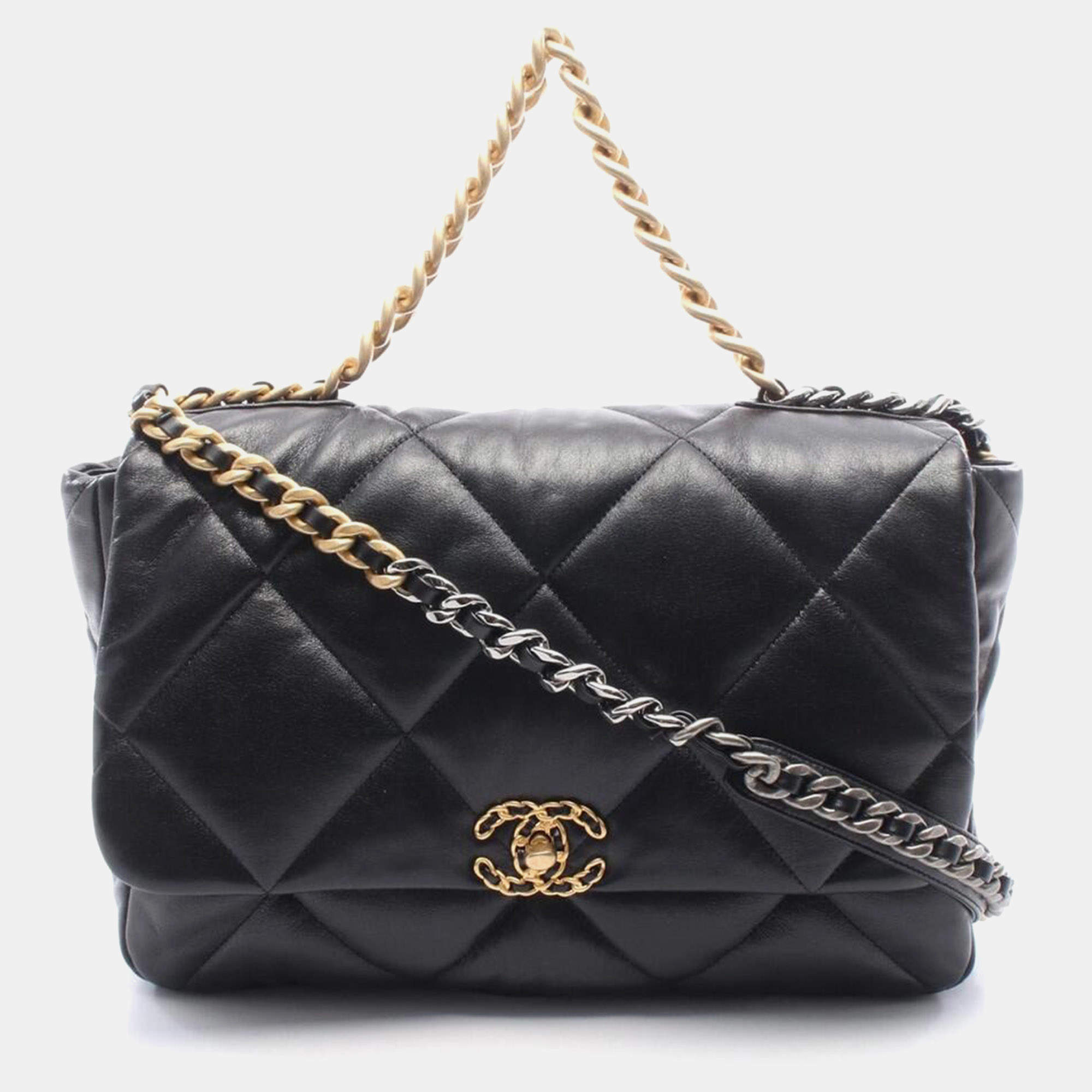 Pre Owned Chanel 19 Maxi Black Leather Shoulder Bag