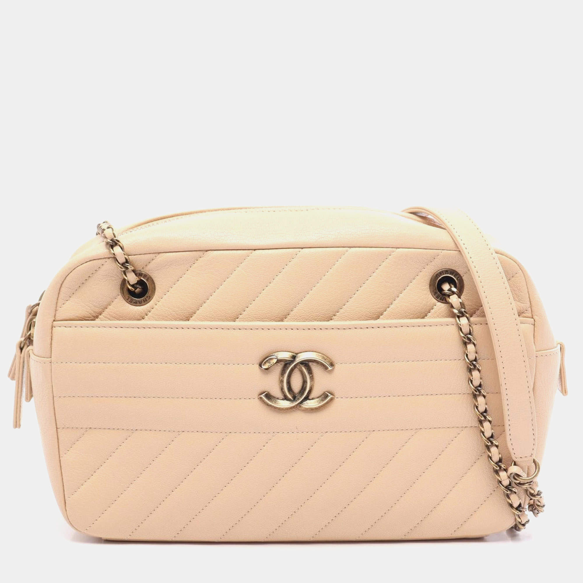 Pre Owned Chanel Bias Stitch Medium Beige Grained Calfskin Leather Shoulder Bag