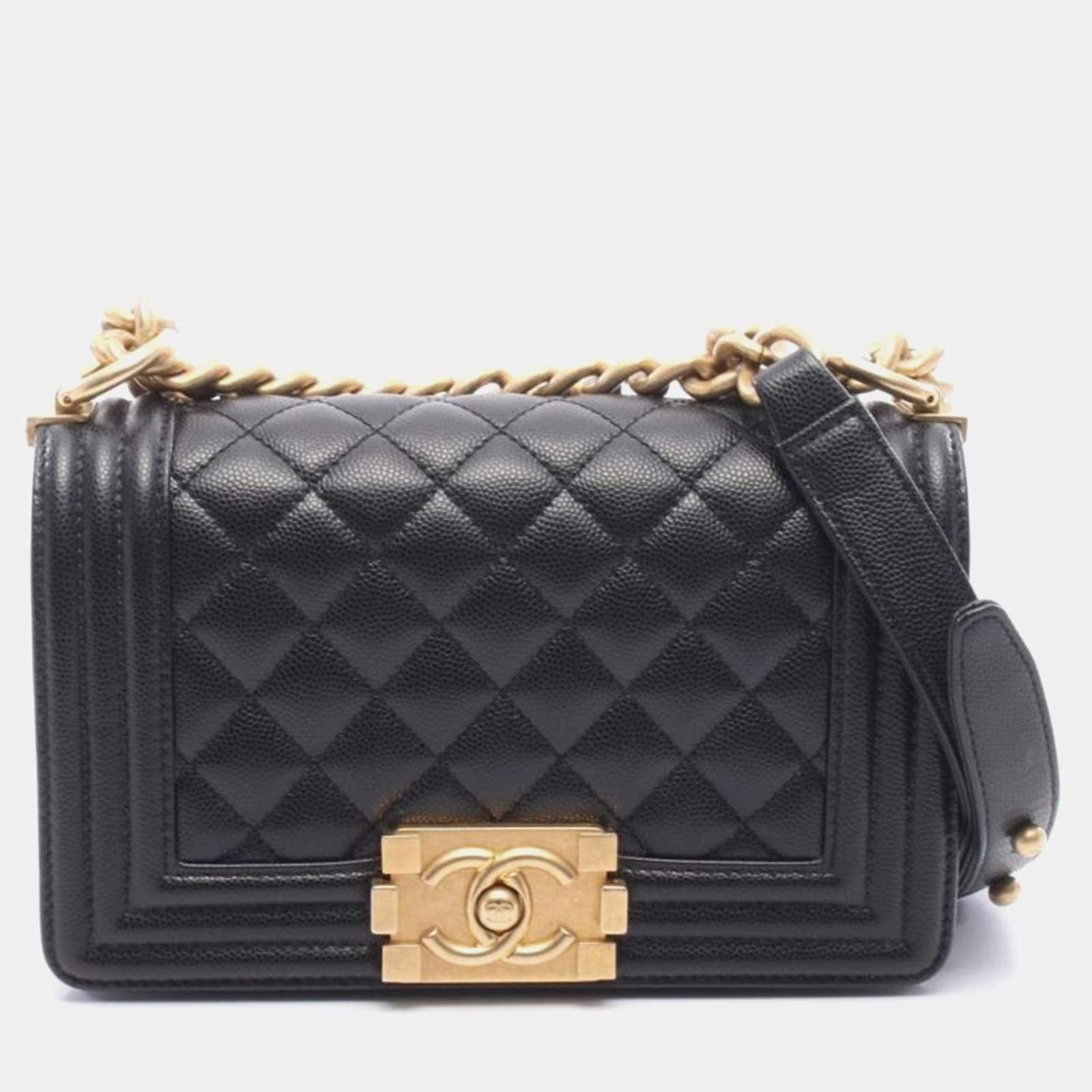 Pre Owned Chanel Boy Small Black Grained Calfskin Leather Shoulder Bag