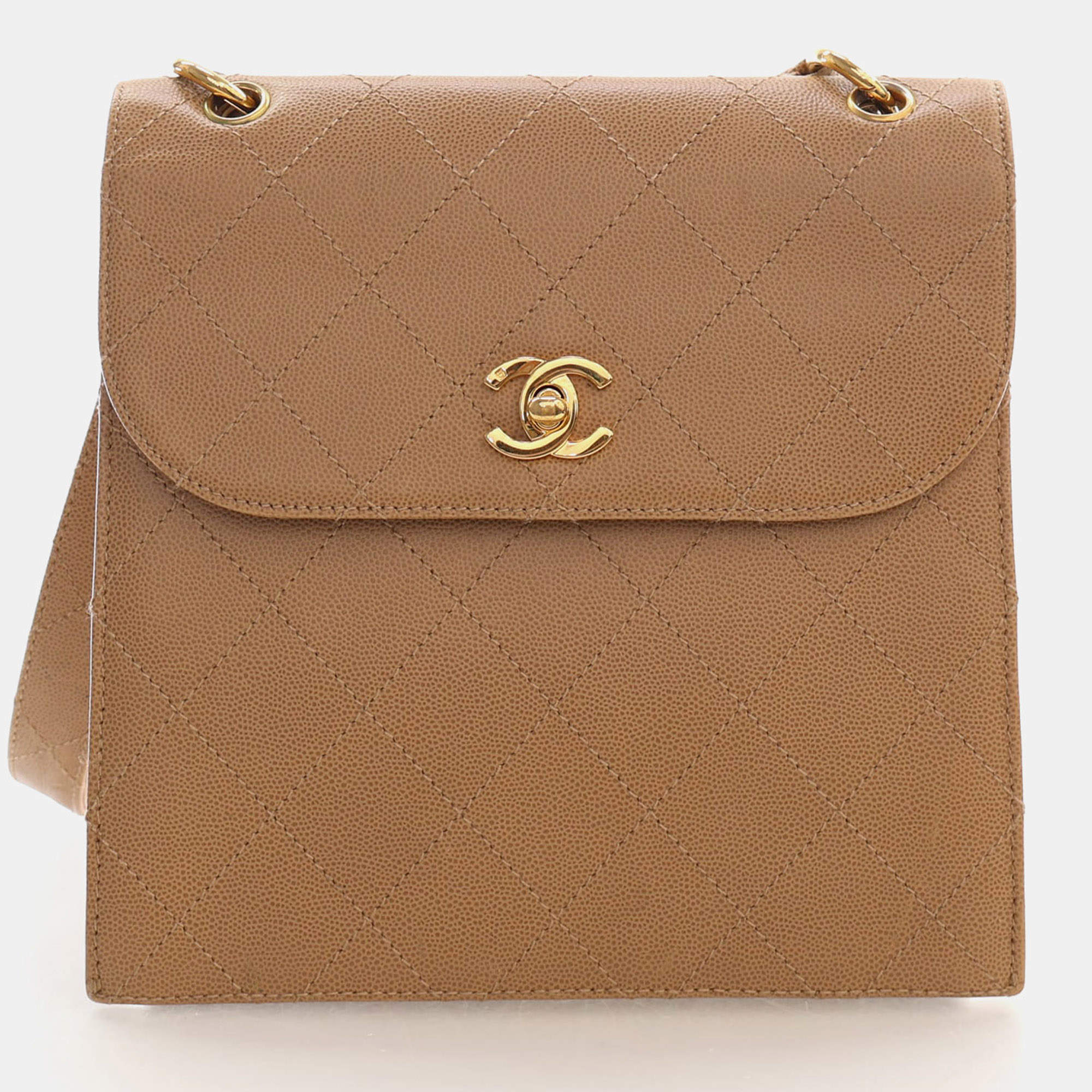 Pre Owned Chanel Vintage Caviar Diamond Stitch Beige Grained Caviar Leather Shoulder Bag