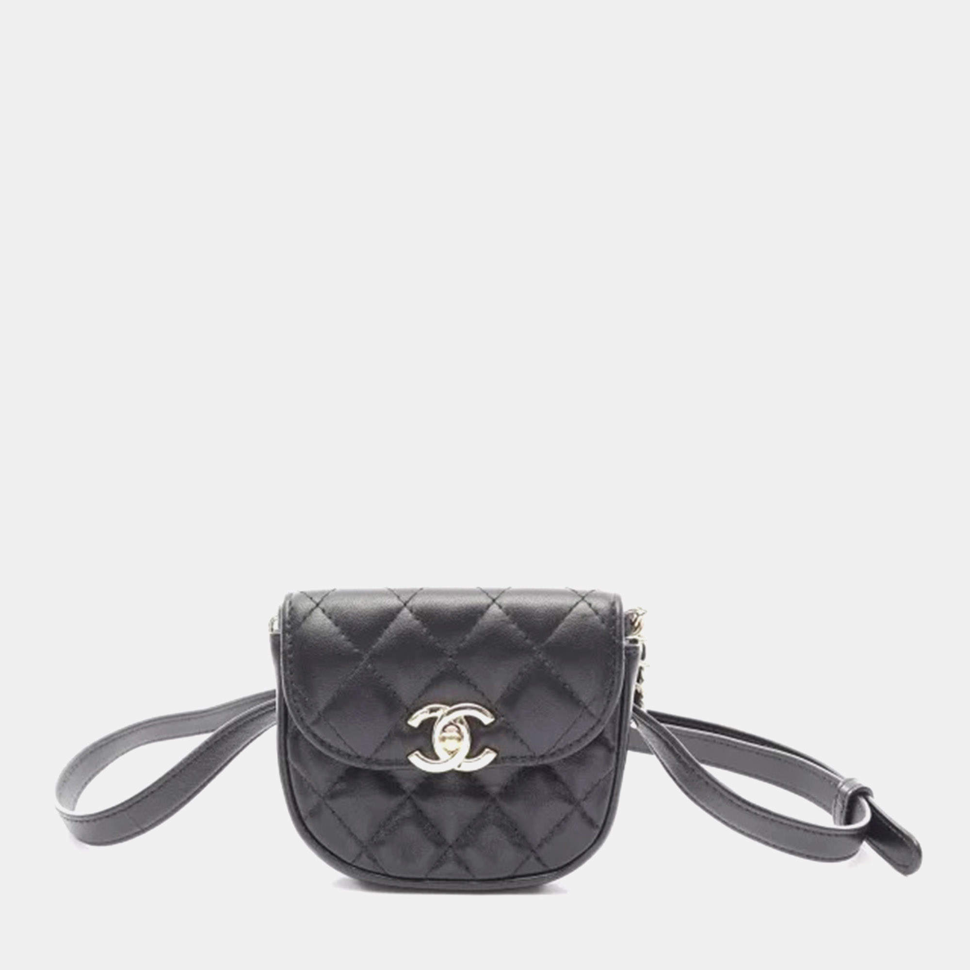 Pre Owned Chanel Matelasse Mini Black Lambskin Leather Waist Bag