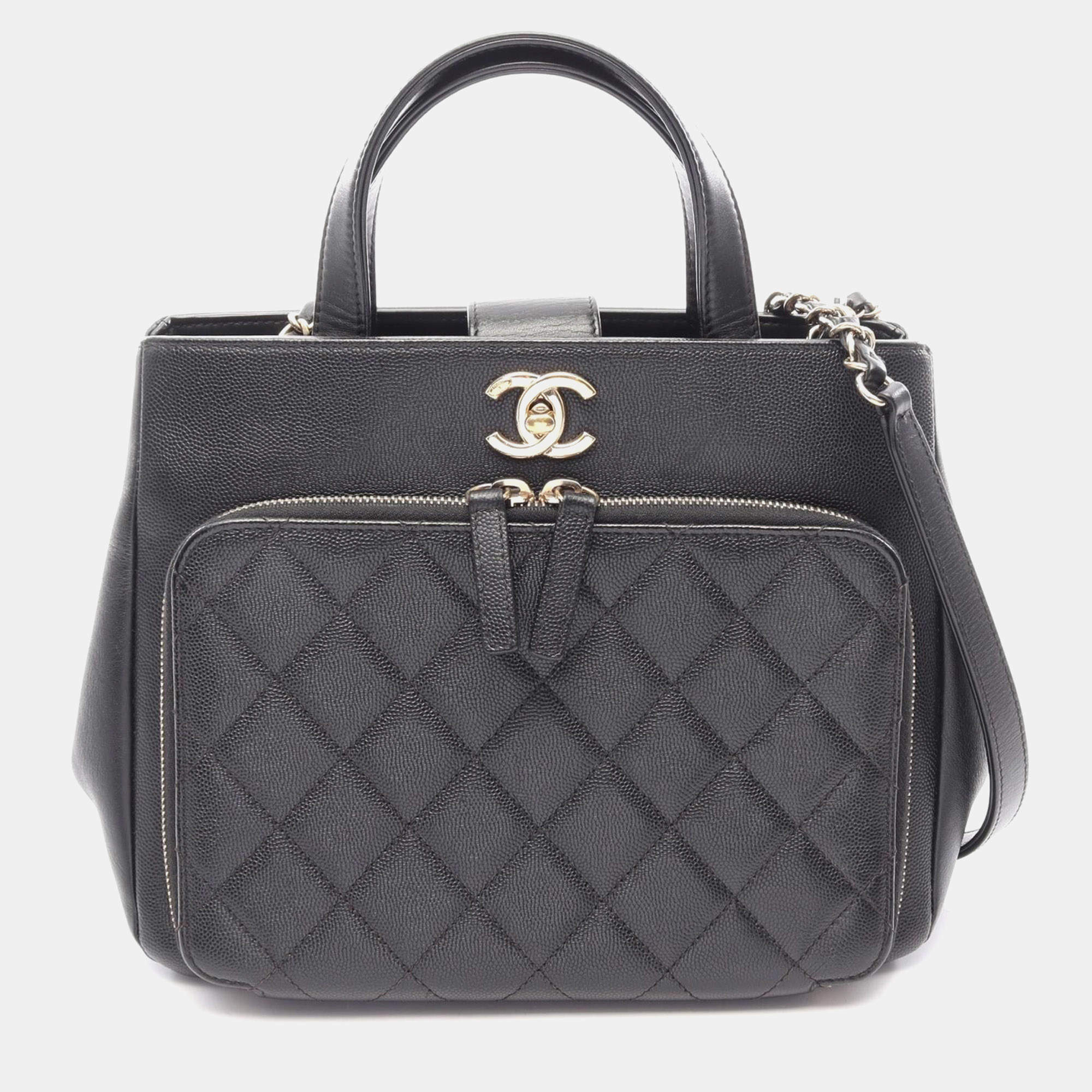 Pre Owned Chanel Business Affinity Small Black Grained Calfskin Leather Tote Bag