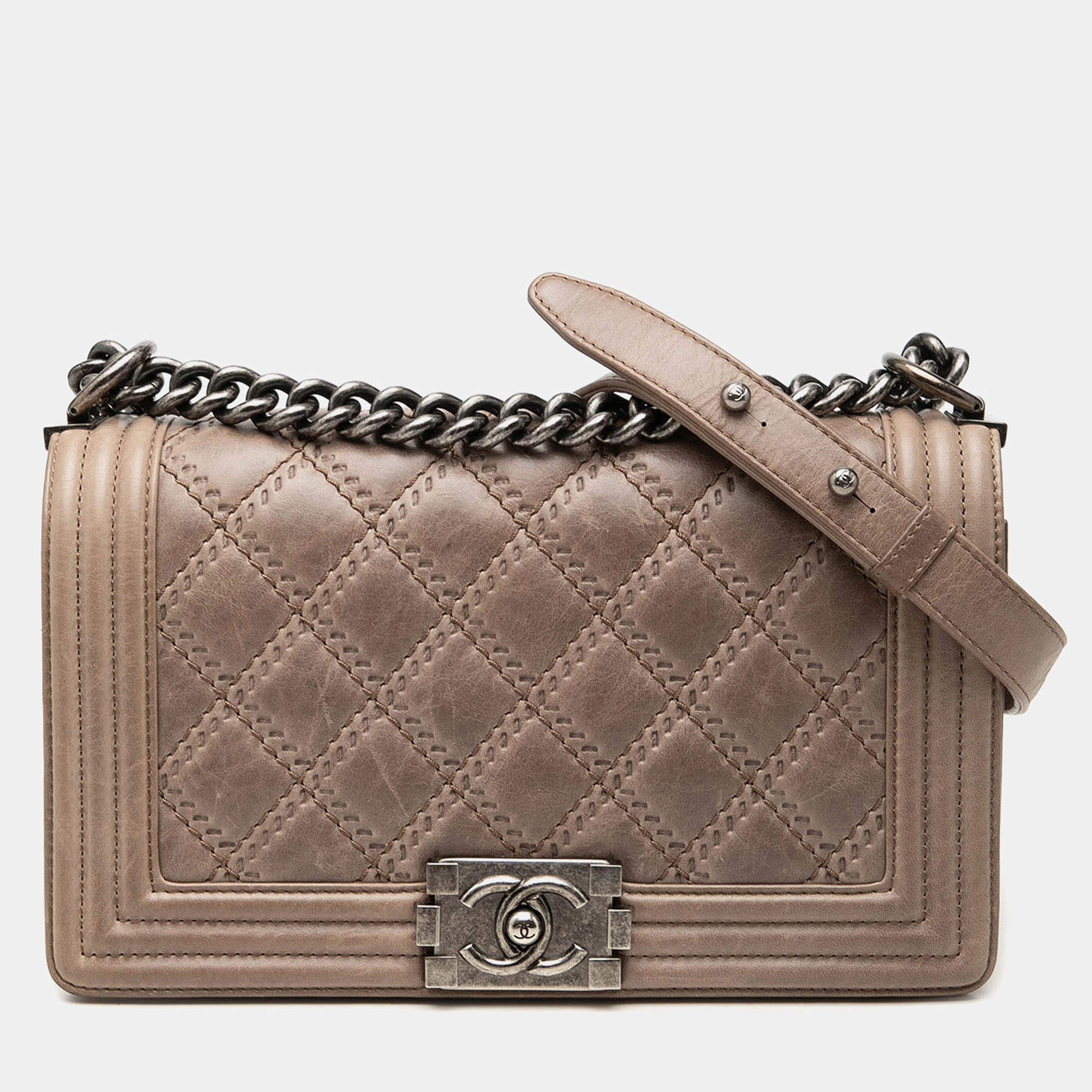 Pre Owned Chanel Brown Boy Old Medium Taupe Aged Calfskin Leather Flap Bag