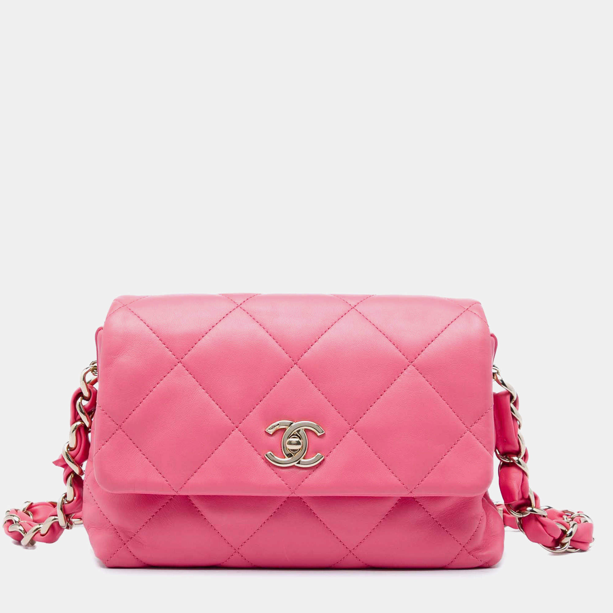 مملوكة مسبقًا Chanel Small Woven Logo Chain Strap Flap Pink Lambskin Shoulder Bag