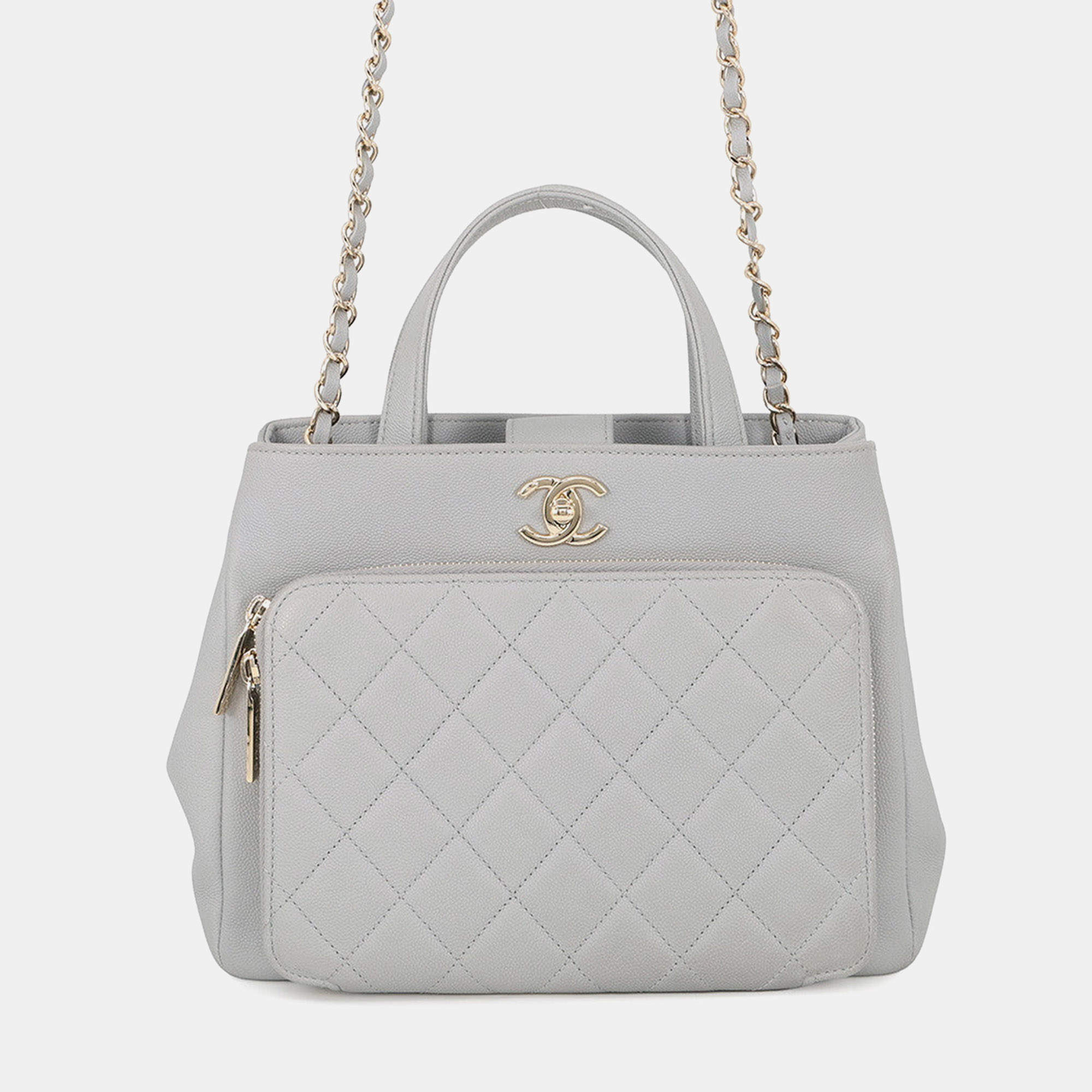 Pre Owned Chanel Business Affinity Small Gray Caviar Leather Top Handle Bag