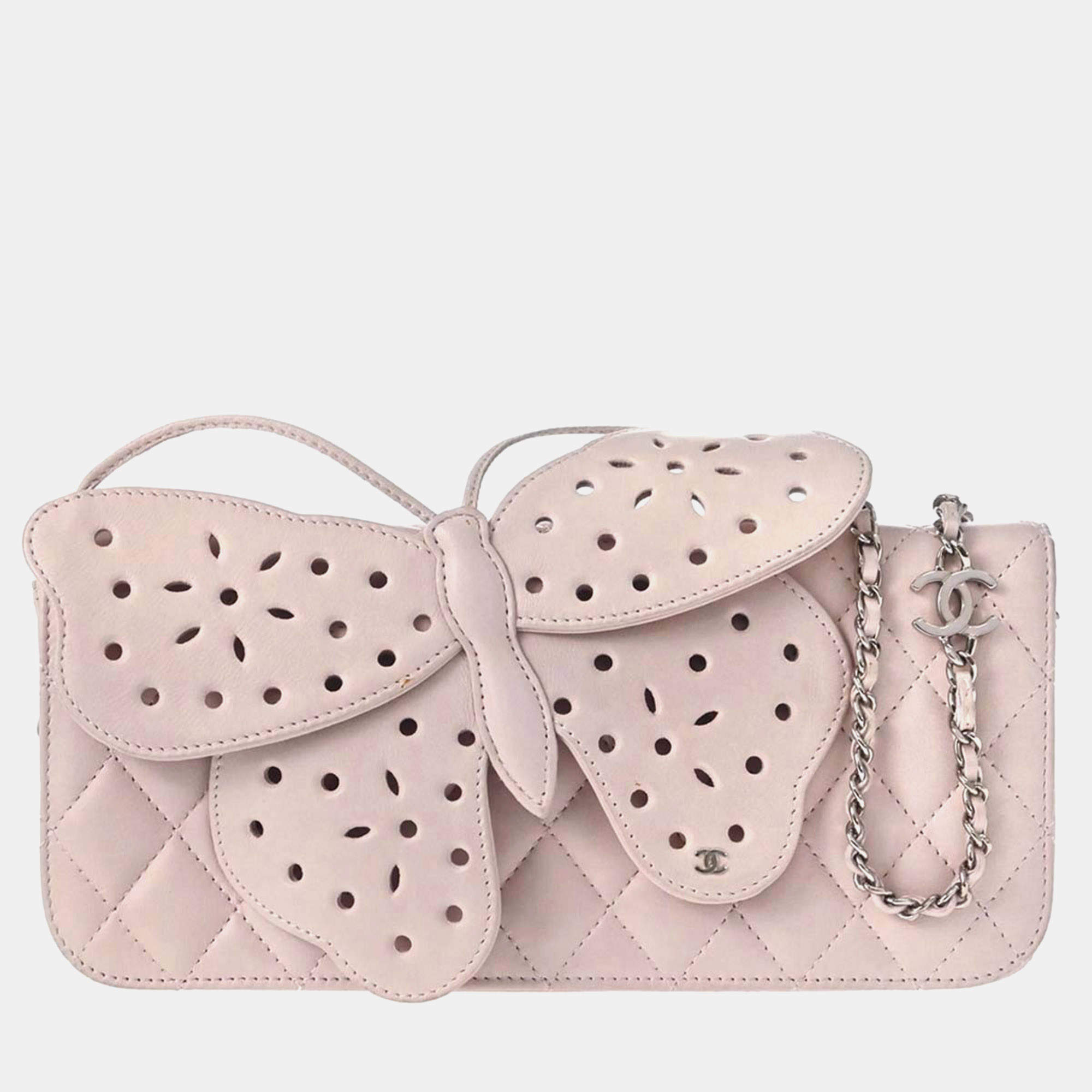 Pre Owned Chanel Butterfly Medium Light Pink Quilted Lambskin Leather Clutch Flap Bag