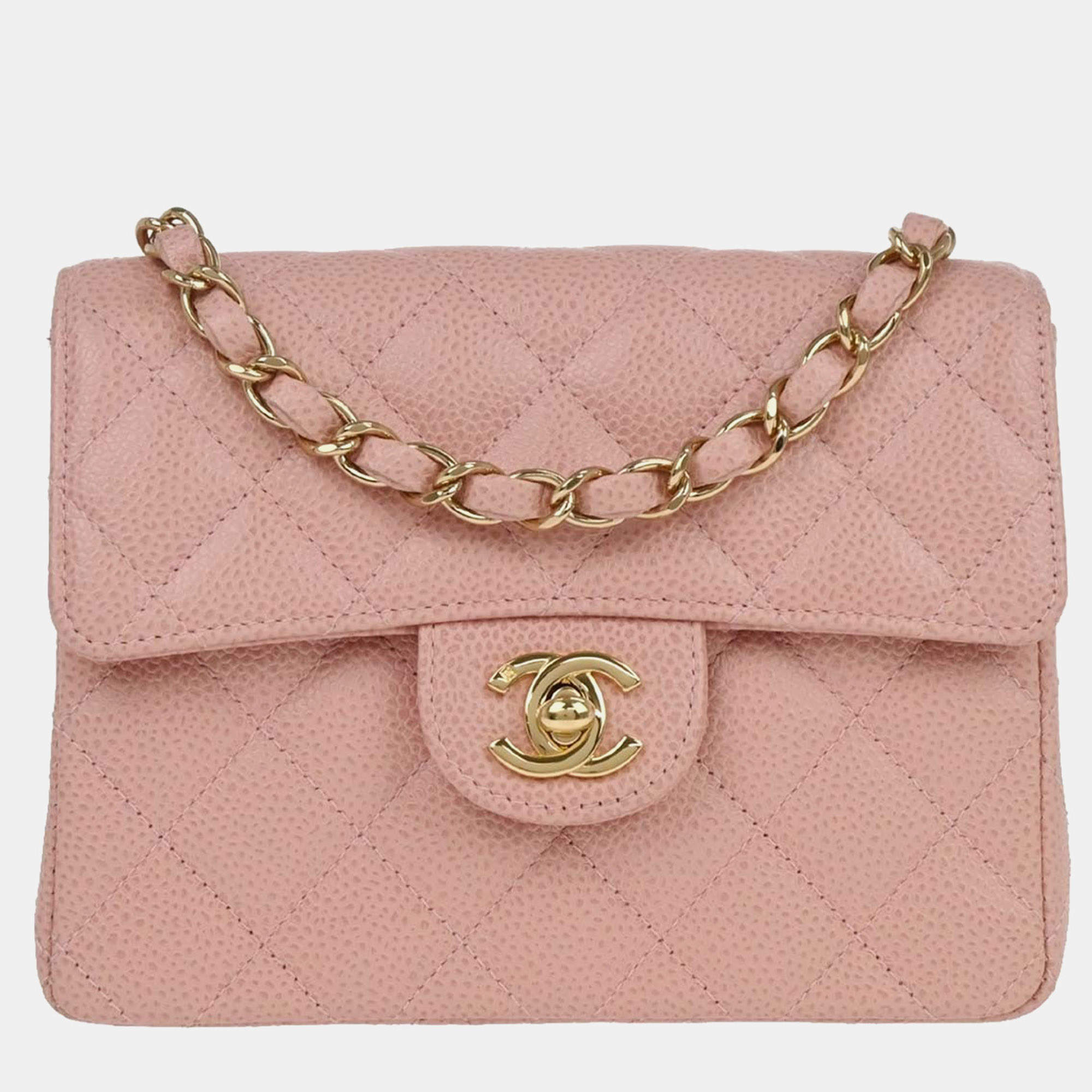 Pre Owned Chanel Mini Classic Square Flap Pink Caviar Calfskin Crossbody Bag