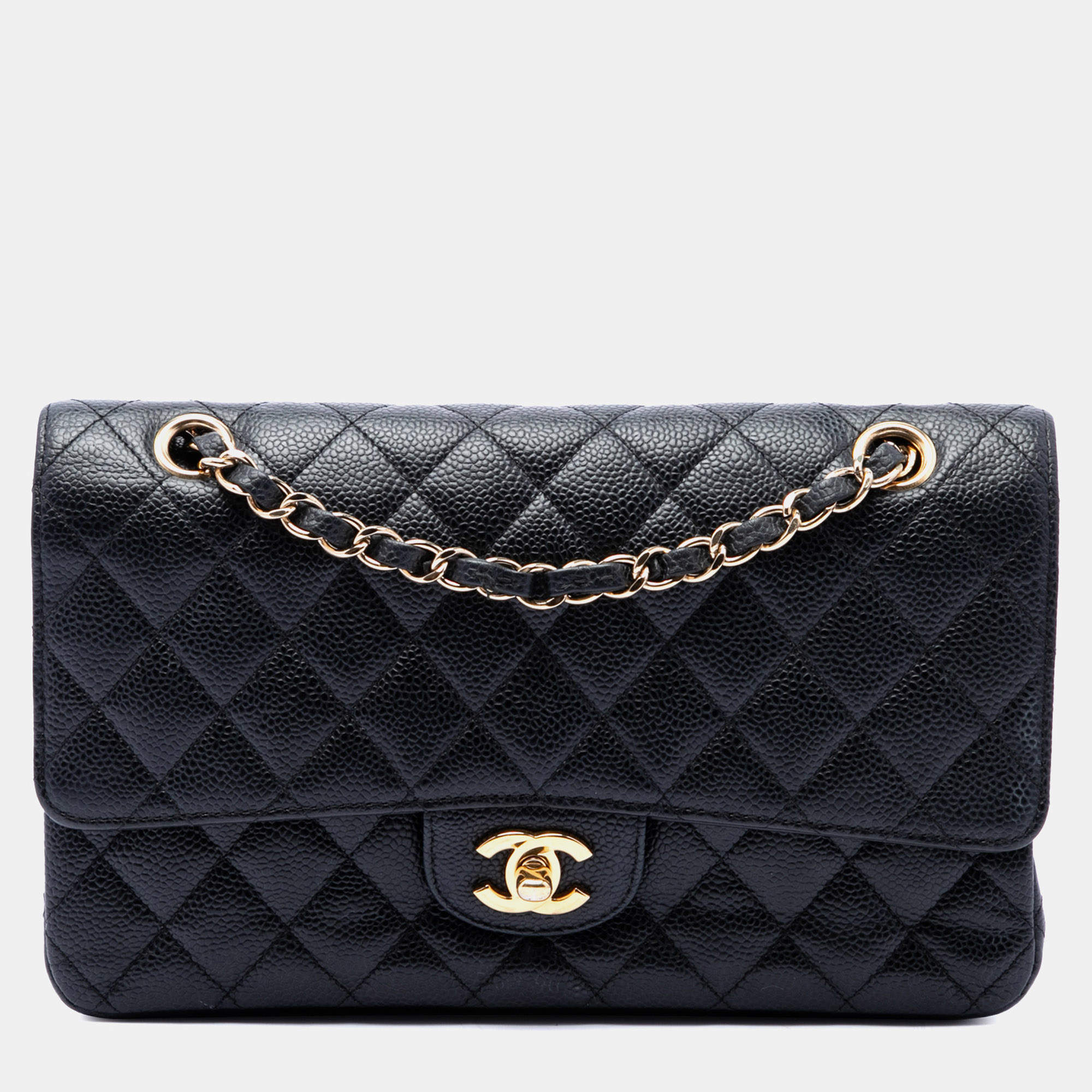 Pre Owned Chanel Classic Double Flap Medium Black Quilted Caviar Leather Shoulder Bag