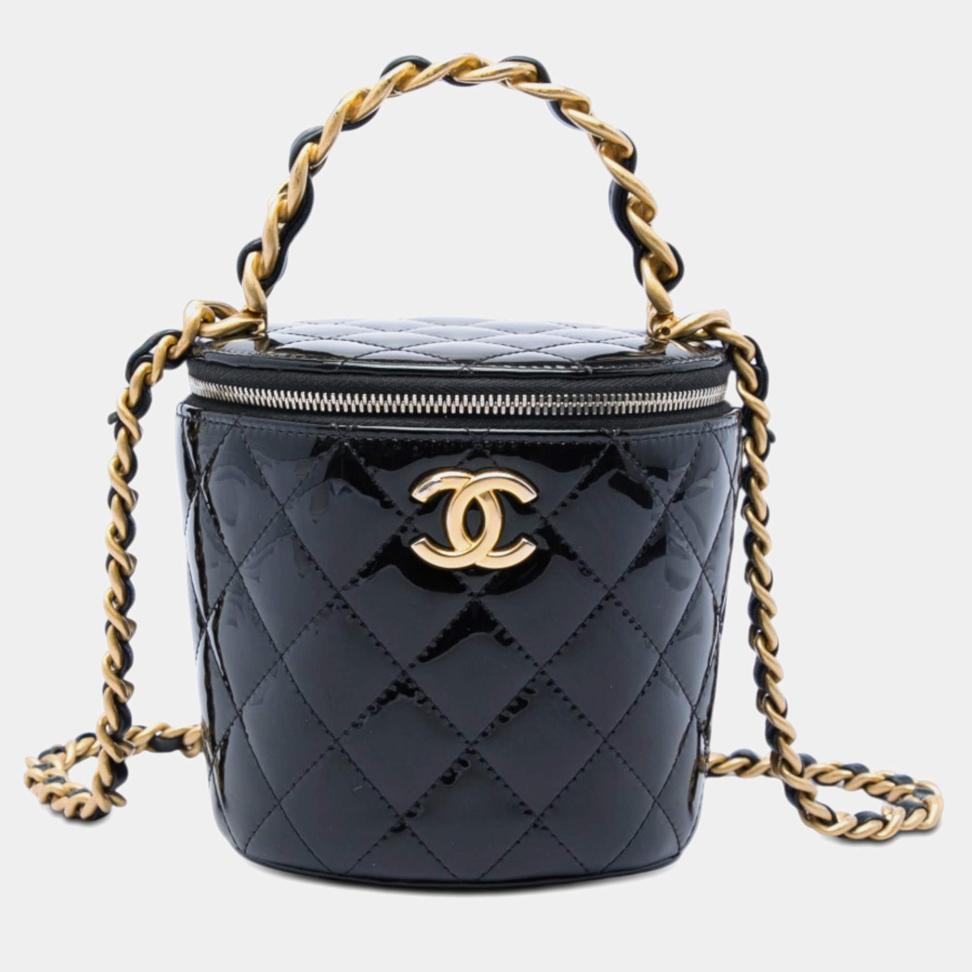 Pre Owned Chanel Afternoon Tea Small Black Quilted Patent Leather Vanity Top Handle Bag