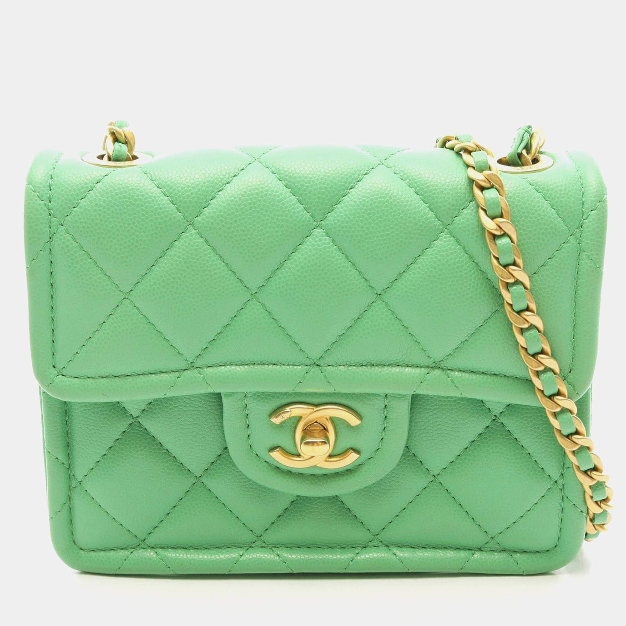 Pre Owned Chanel Sweet Classic Flap Mini Green Caviar Leather Shoulder Bag