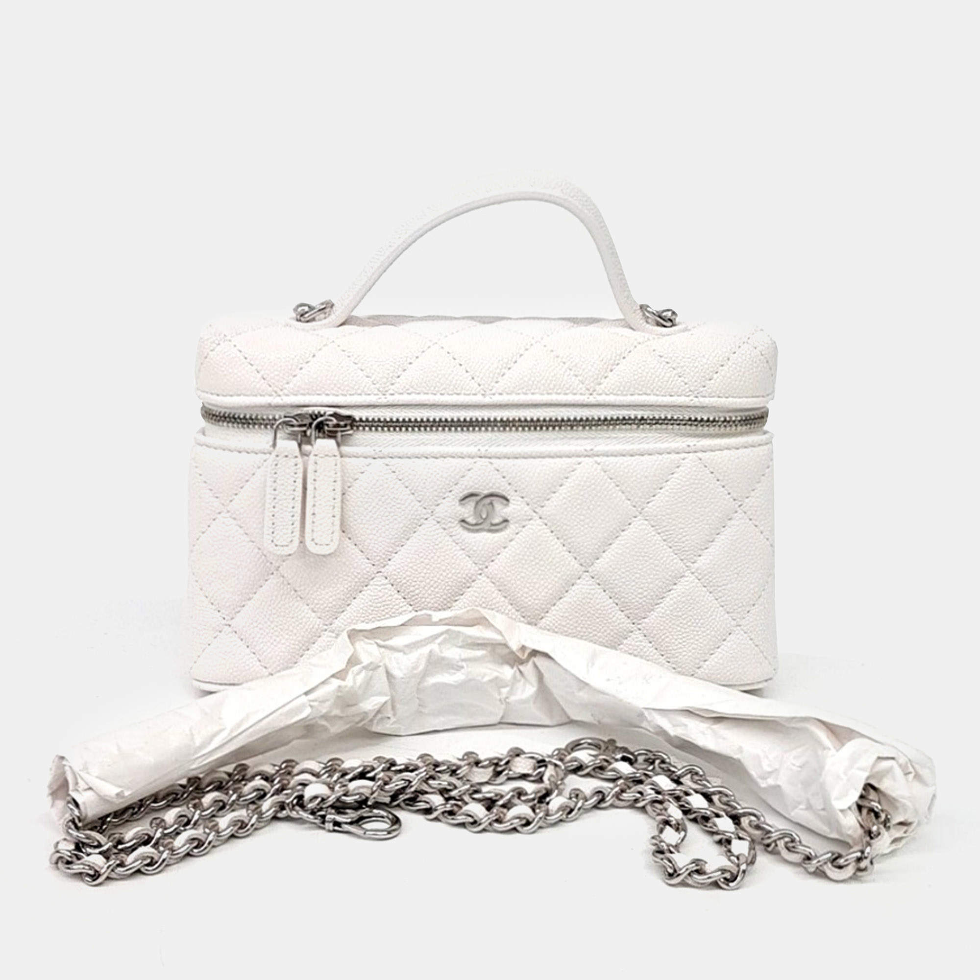 مملوكة مسبقًا Chanel White Caviar Vanity Top Handle Chain Crossbody Bag