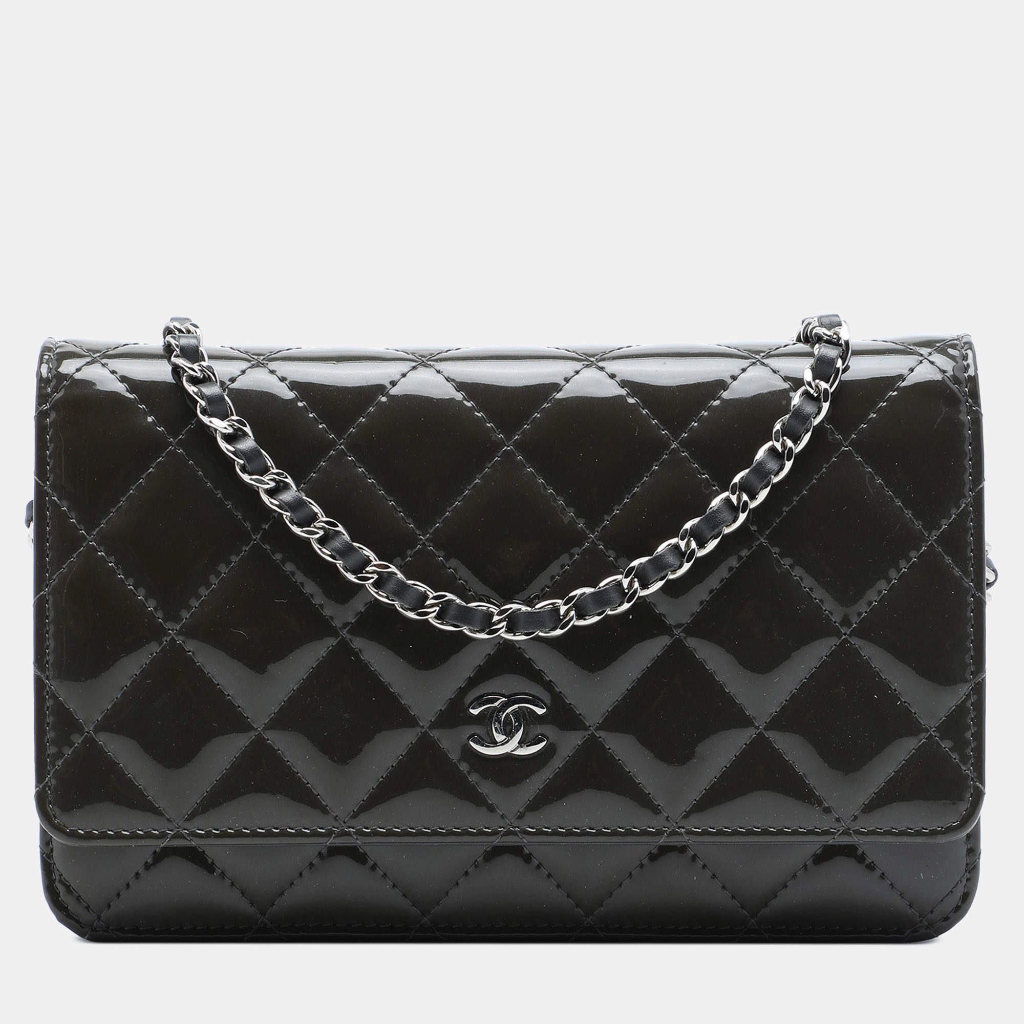 Pre Owned Chanel Classic Wallet On Chain Black Patent Leather Crossbody Bag