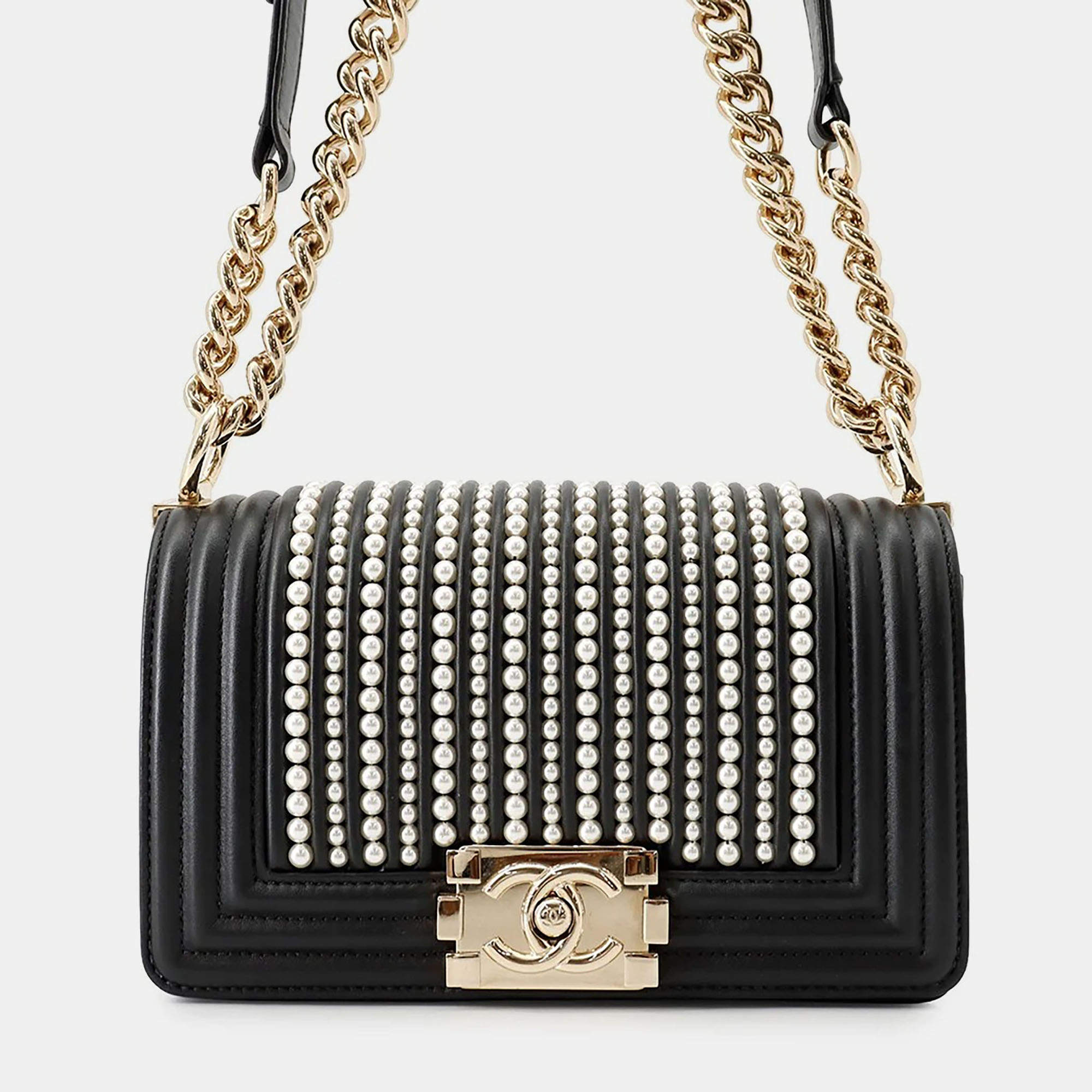 Pre Owned Chanel Boy Chanel Small Black Lambskin Leather Shoulder Bag