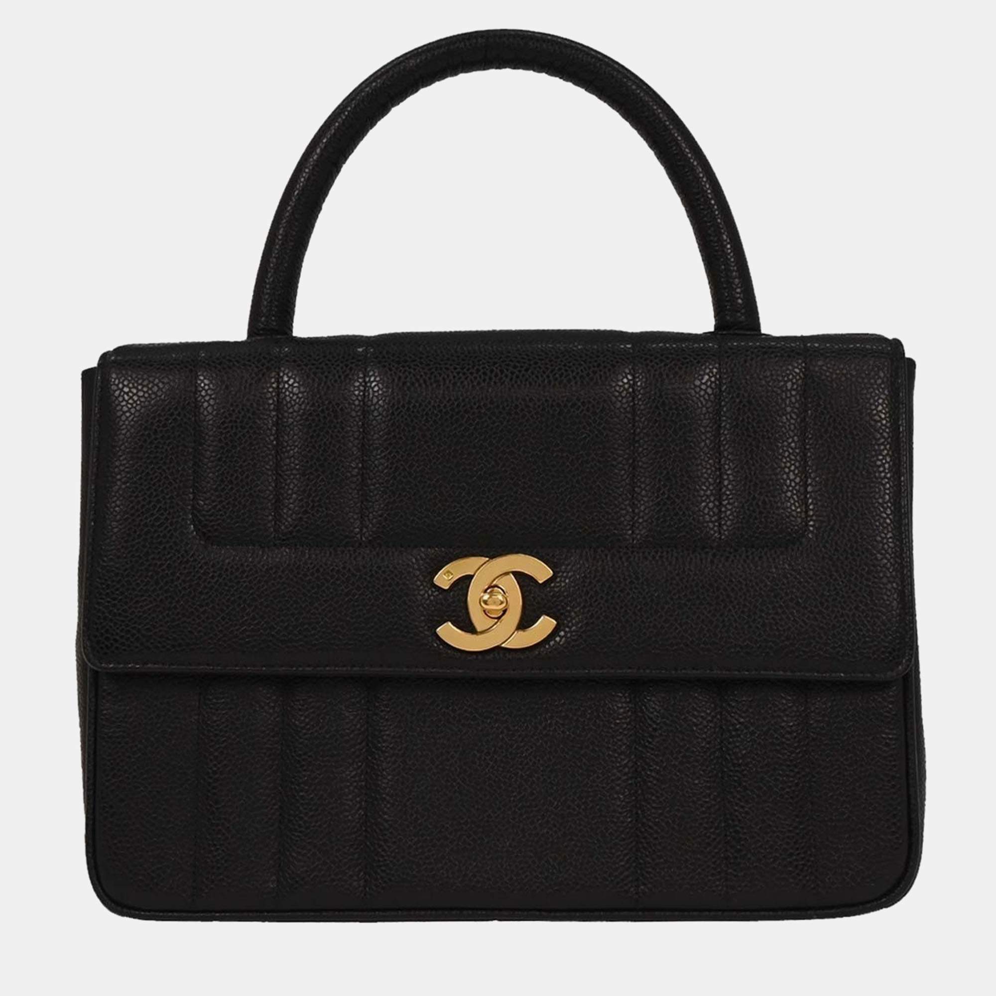 Pre Owned Chanel Vintage Vertical Quilted Mademoiselle Kelly Medium Black Caviar Skin Leather Top Handle Bag