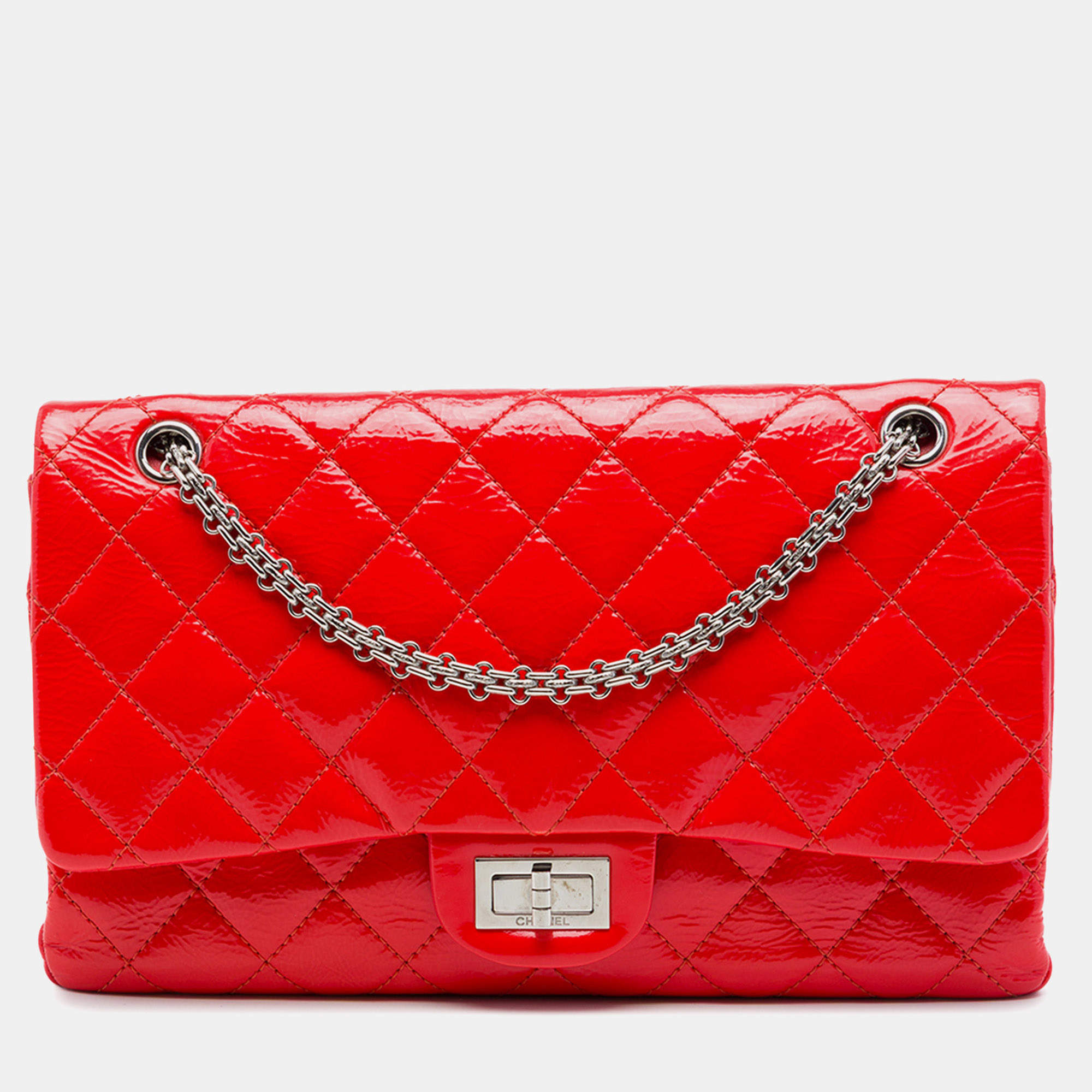 Pre Owned Chanel Quilted Crinkled Patent Leather Reissue 2.55 Double Flap 227 Red Shoulder Bag