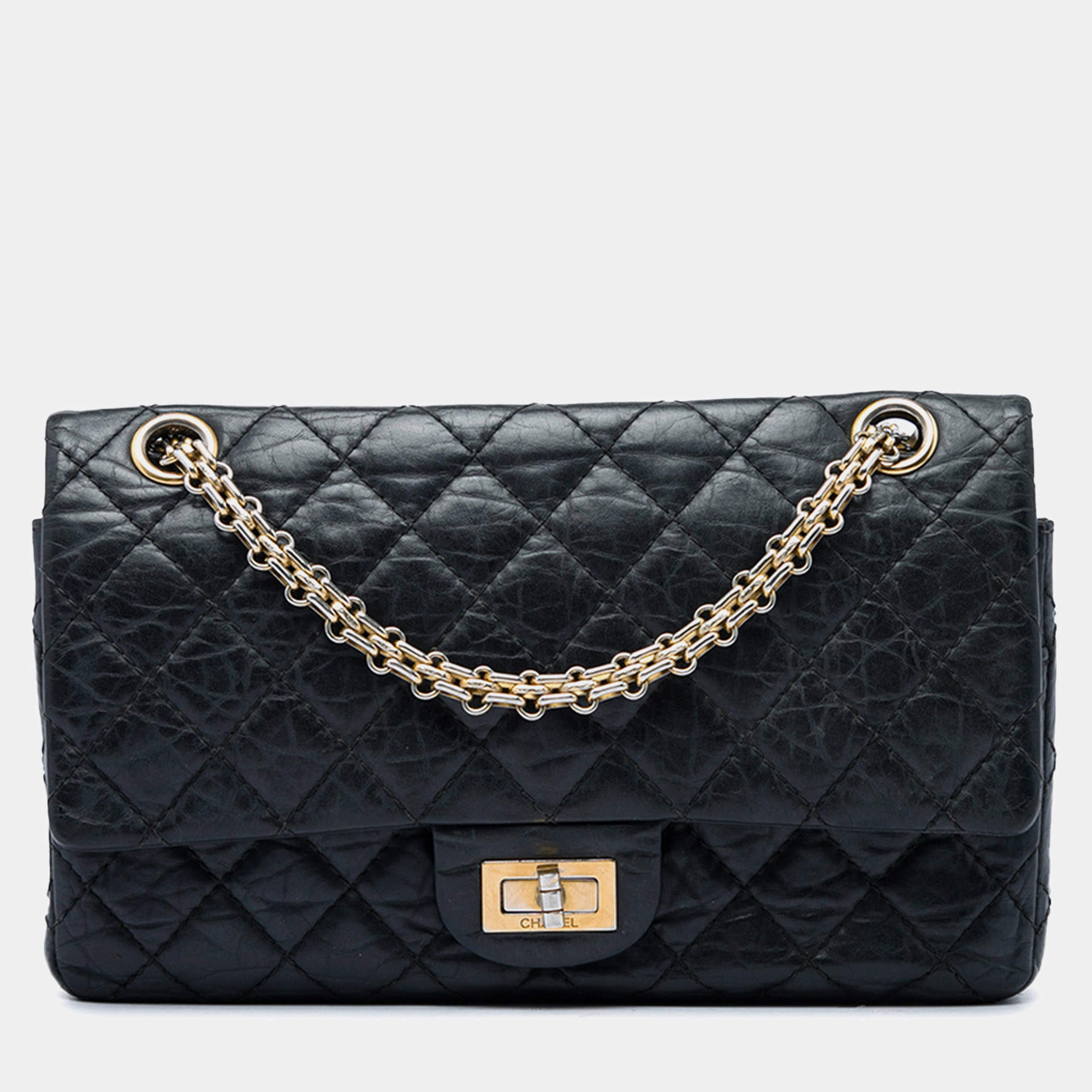 Pre Owned Chanel Reissue 2.55 Double Flap 225 Black Quilted Aged Calfskin Shoulder Bag