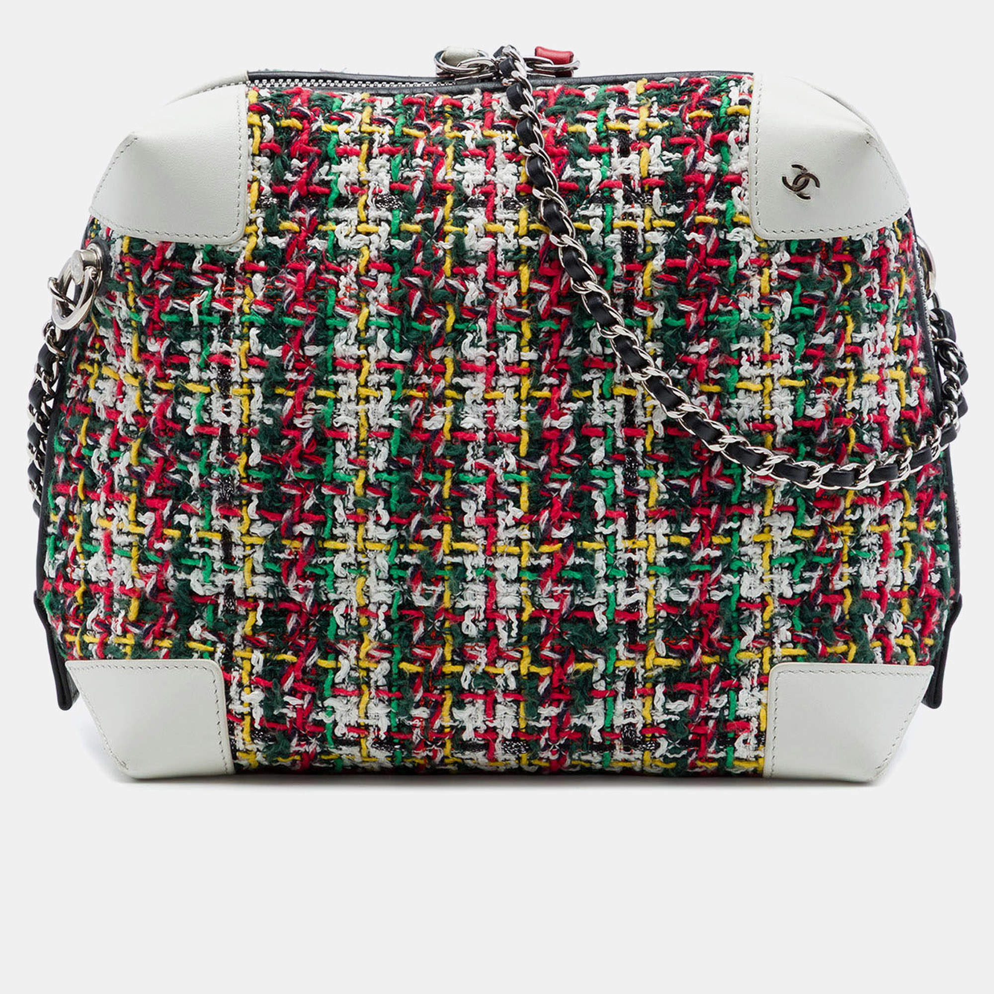 Pre Owned Chanel Tweed Street Allure Mini Multicolor White Calfskin Leather Crossbody Bag