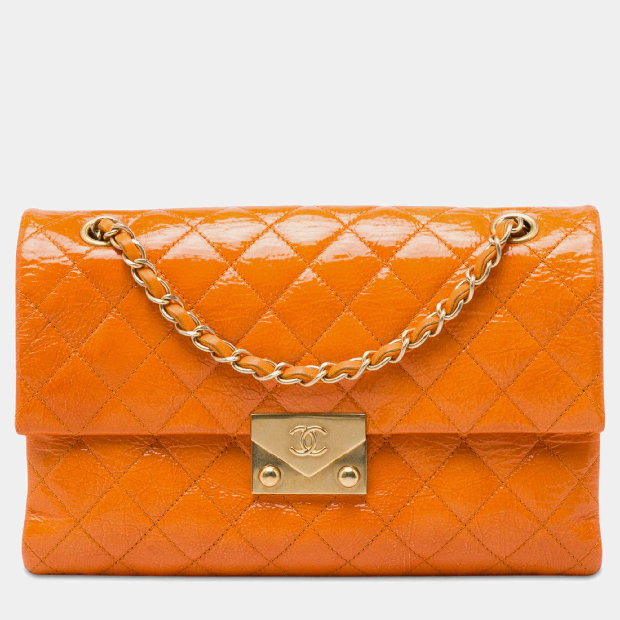 Pre Owned  Chanel Pagoda Accordion Flap Medium Orange Patent Leather Shoulder Bag