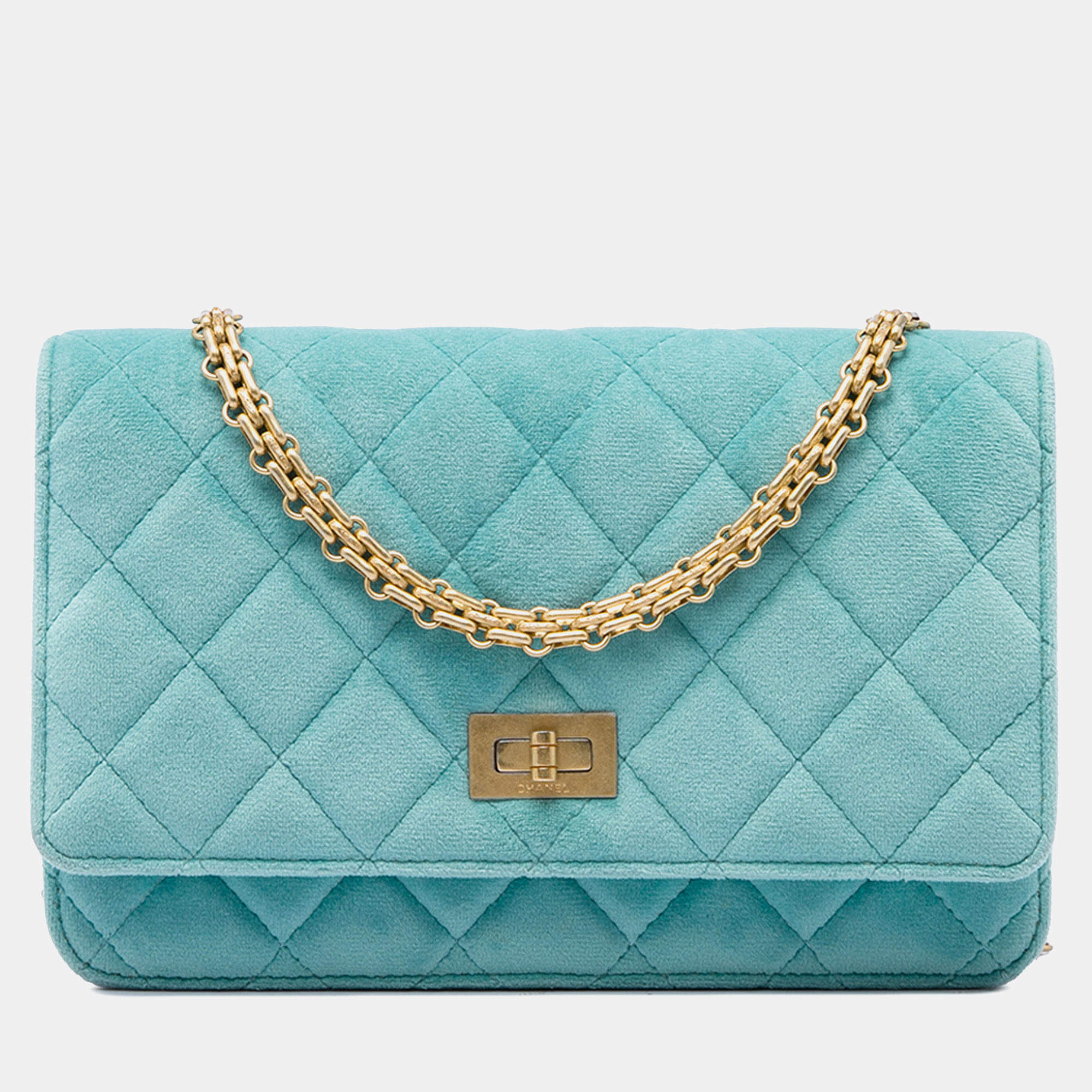 Pre Owned Chanel Quilted Velvet Reissue 2.55 Turquoise Velvet Wallet on Chain Bag