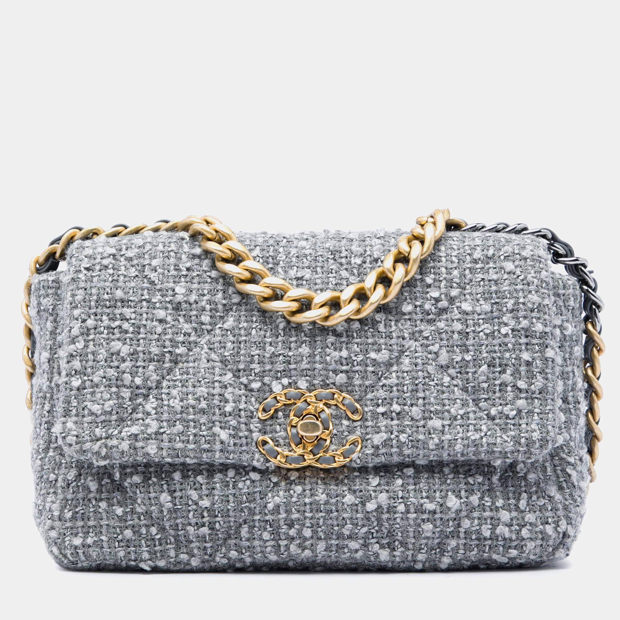 Pre Owned Chanel 19 Medium Grey Tweed Flap Bag