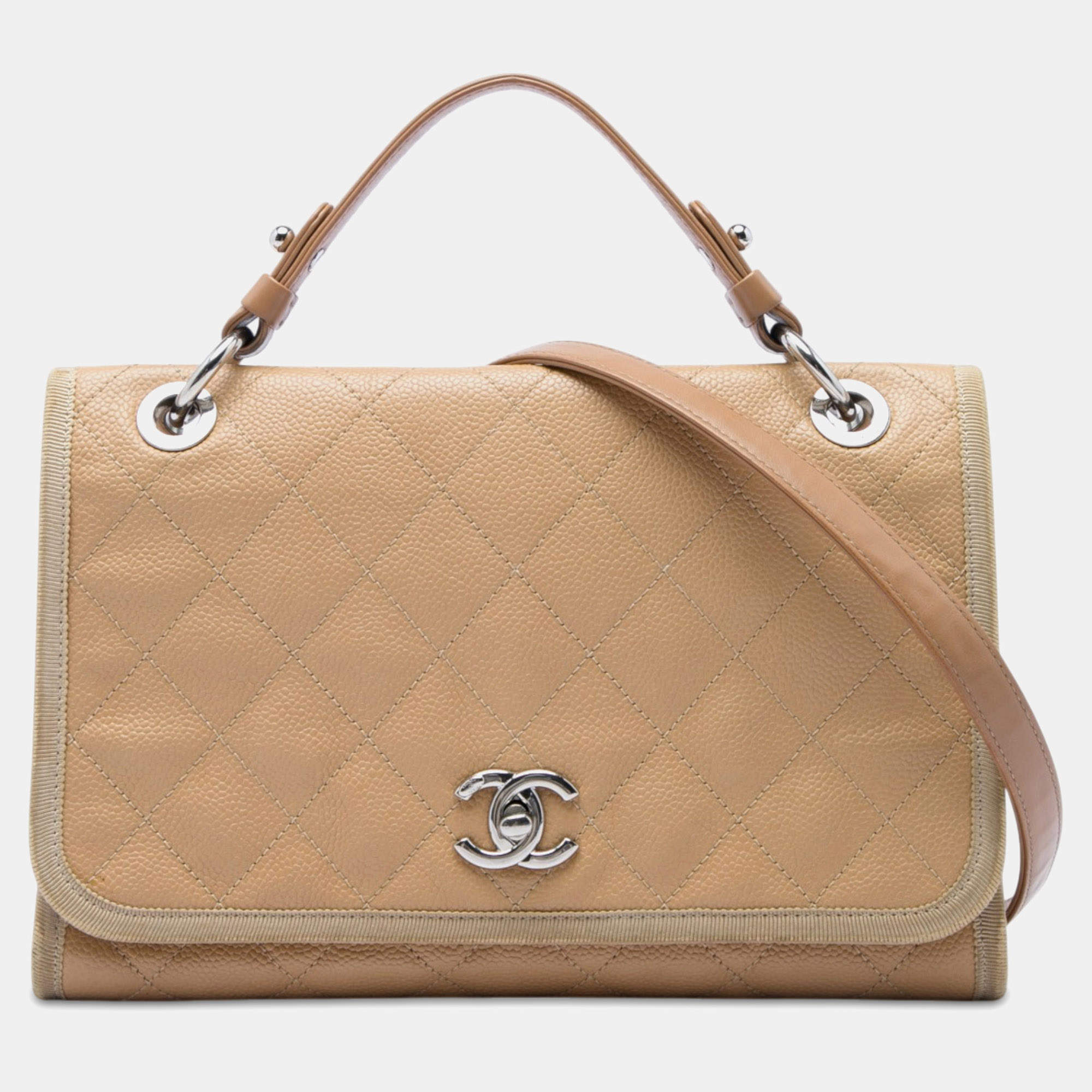 Pre Owned Chanel CC Beige/Brown Quilted Caviar Leather Grosgrain Medium Flap Top Handle Bag