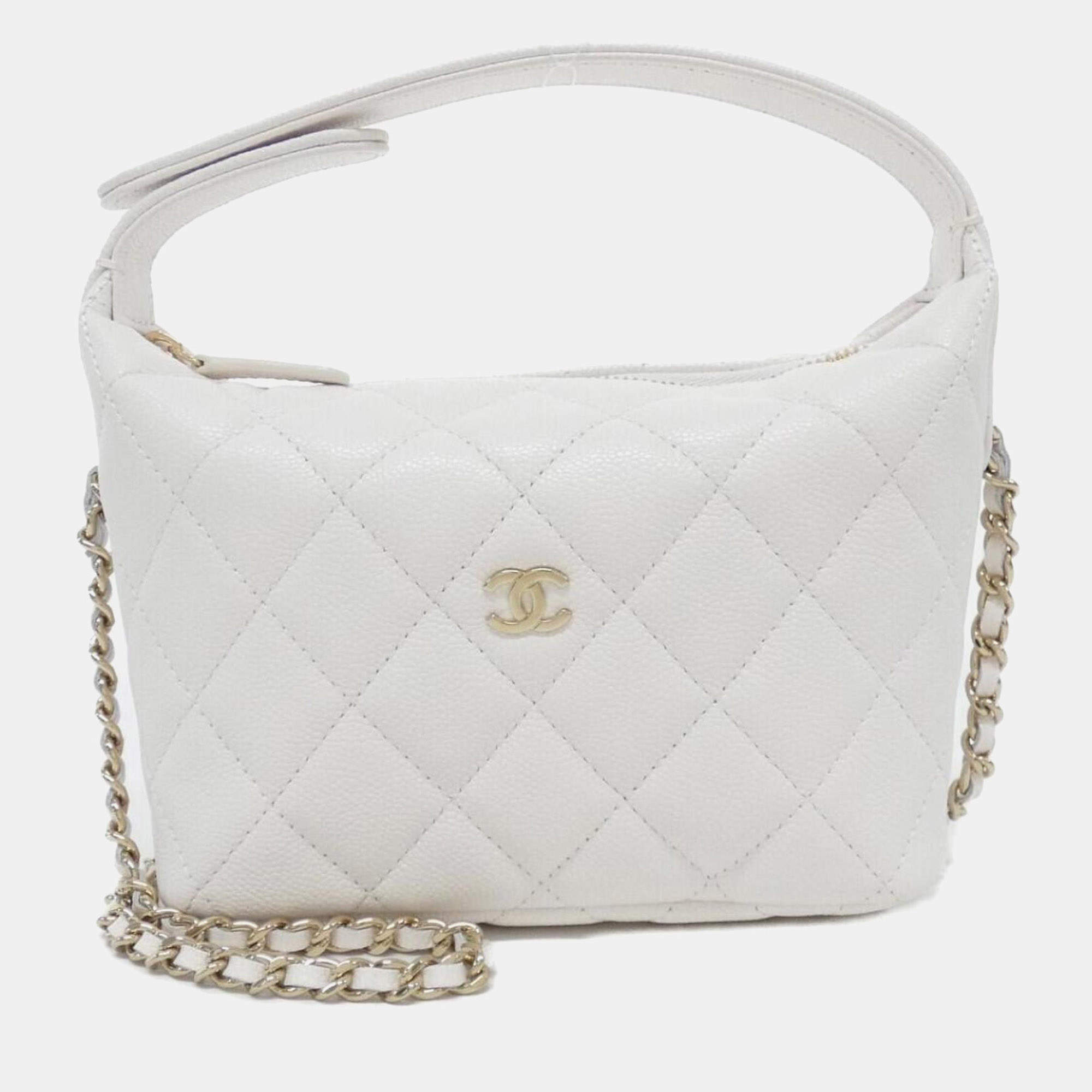 Pre Owned Chanel Timeless Classic Hobo Clutch on Chain Mini White Caviar Grained Leather Shoulder Bag