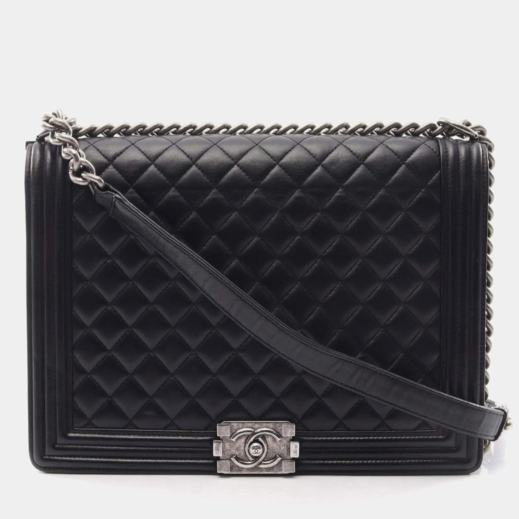 Pre Owned Chanel Boy Large Black Lambskin Leather Shoulder Bag