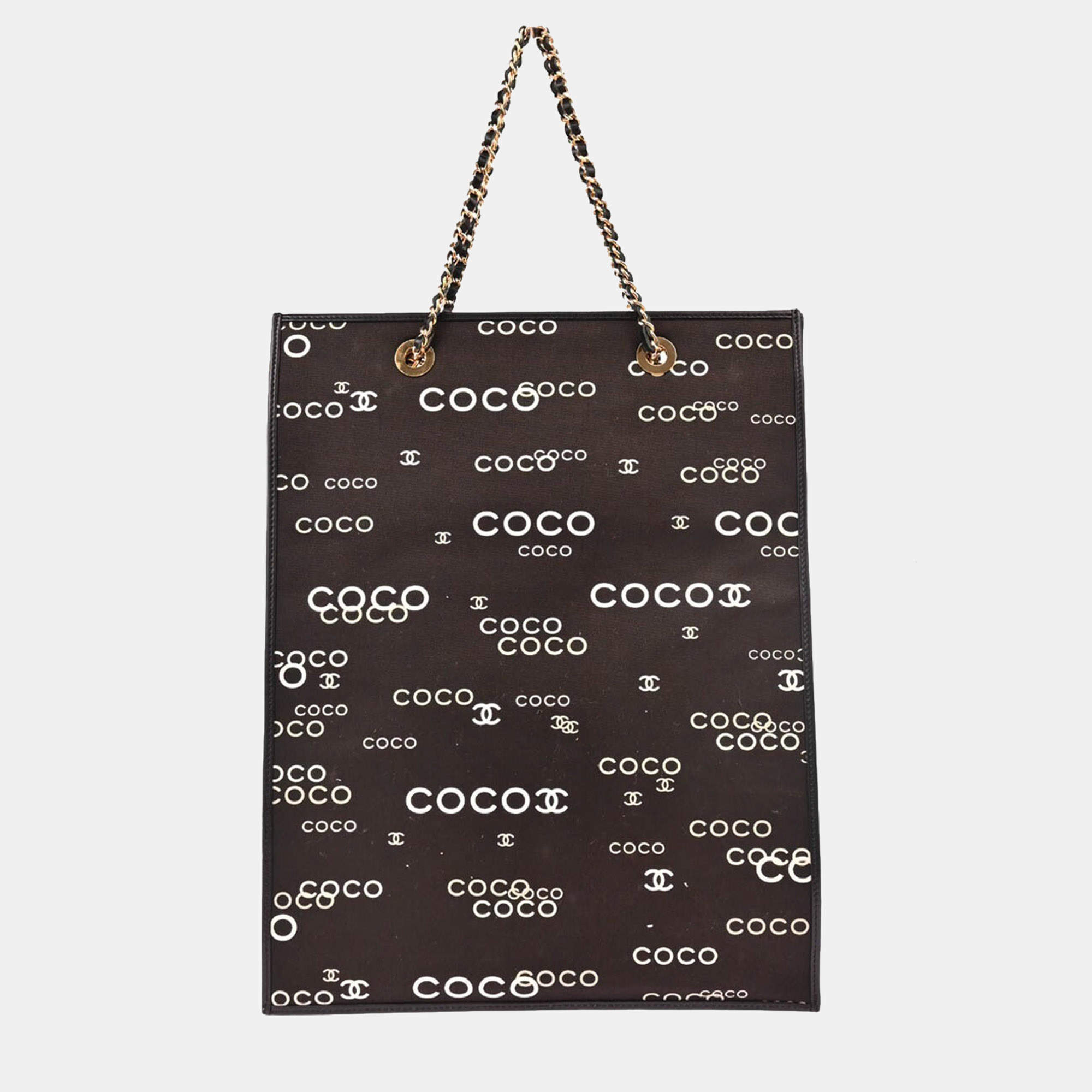 Pre Owned Chanel Coco Print Vertical Flat Black Canvas Shoulder Tote Bag