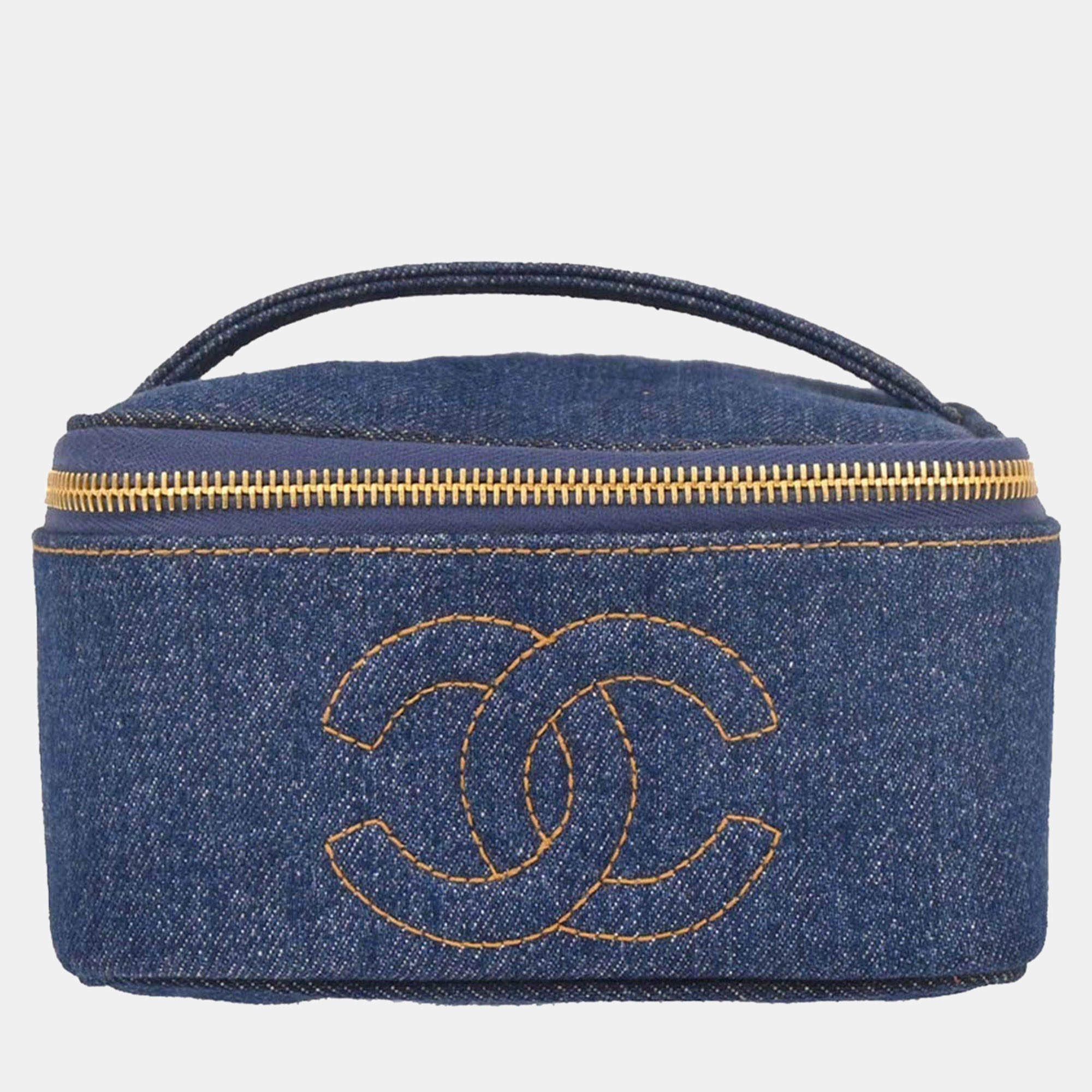 Pre Owned Chanel Timeless CC Mark 1996 -1997 Blue Denim Top Handle Vanity Case Bag