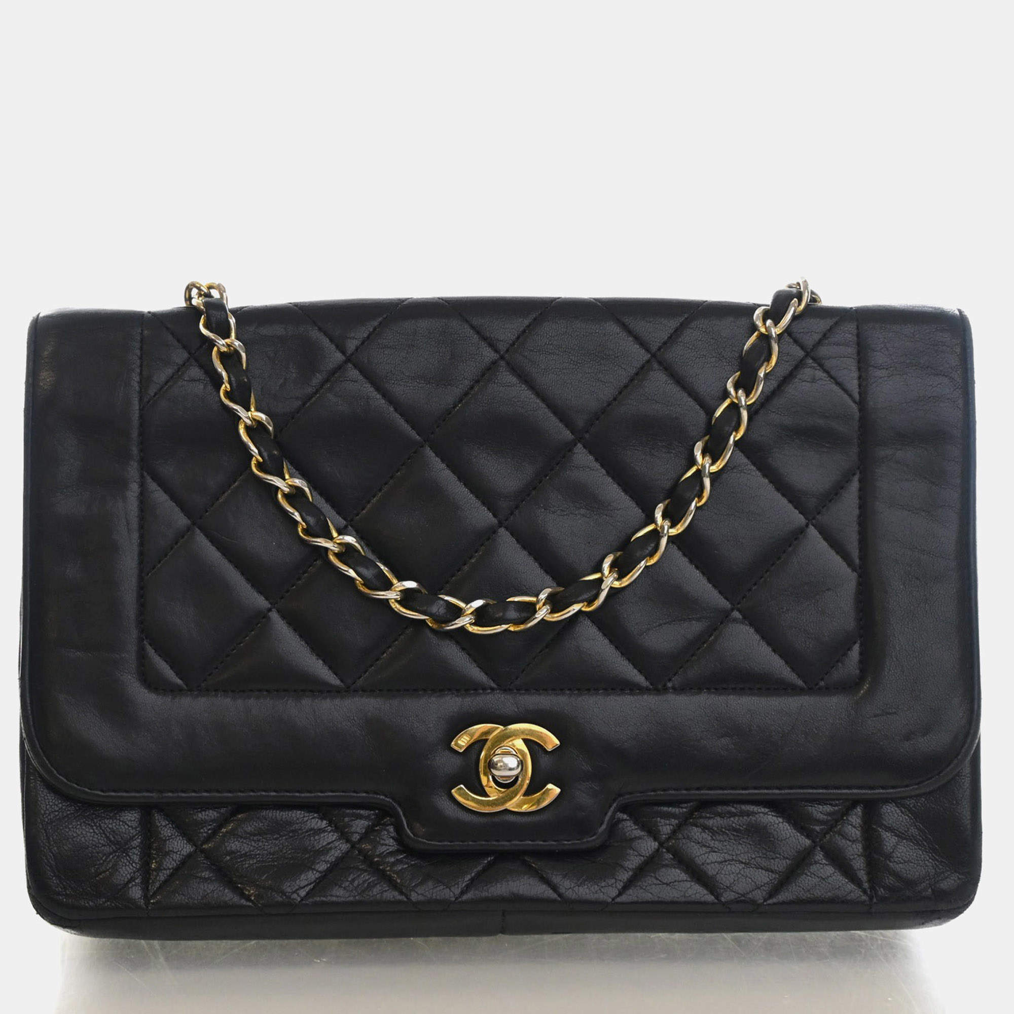 Pre Owned Chanel Diana Flap Black Lambskin Leather Shoulder Bag