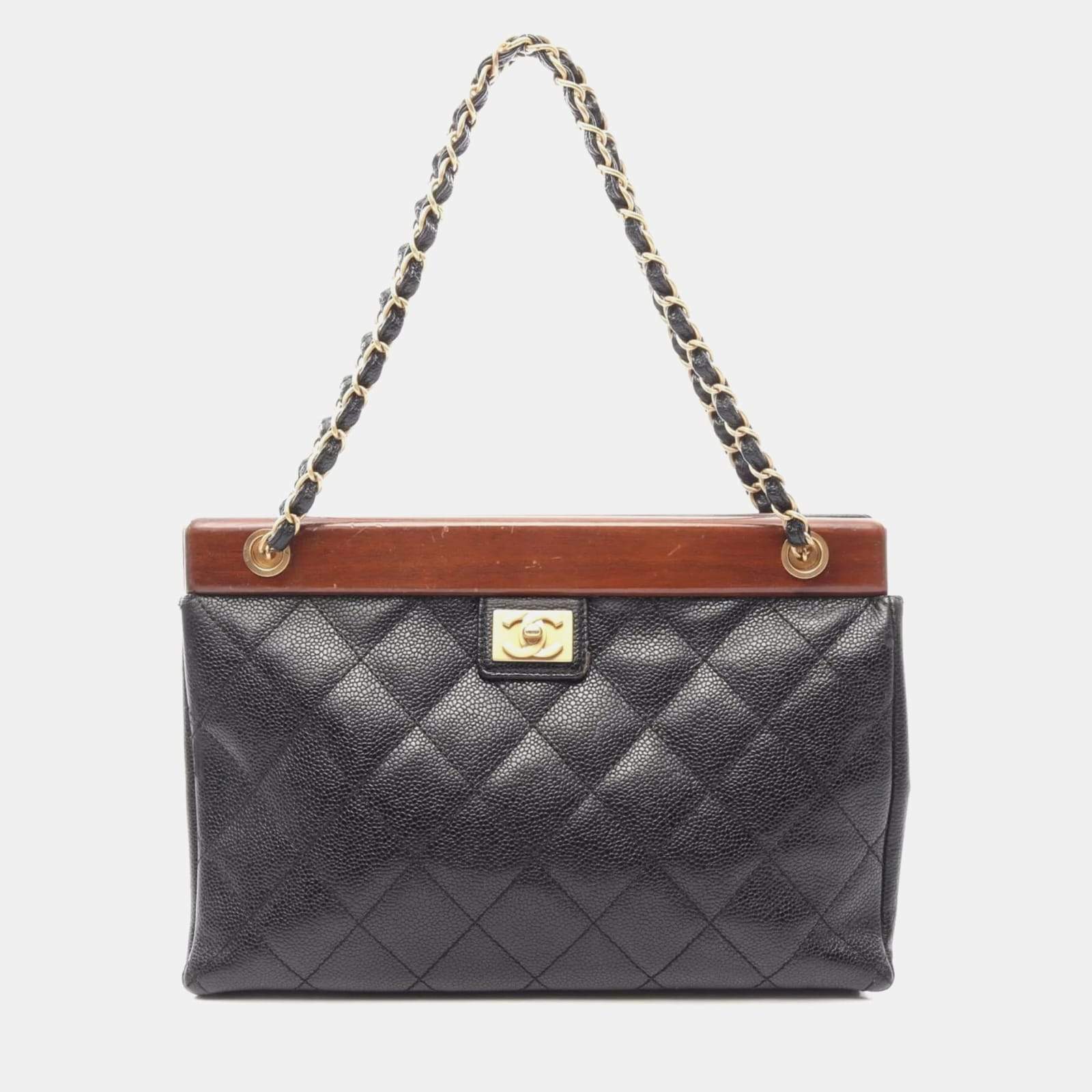 Pre Owned Chanel Matelasse Black Caviar Leather Wooden Bar Tote Bag