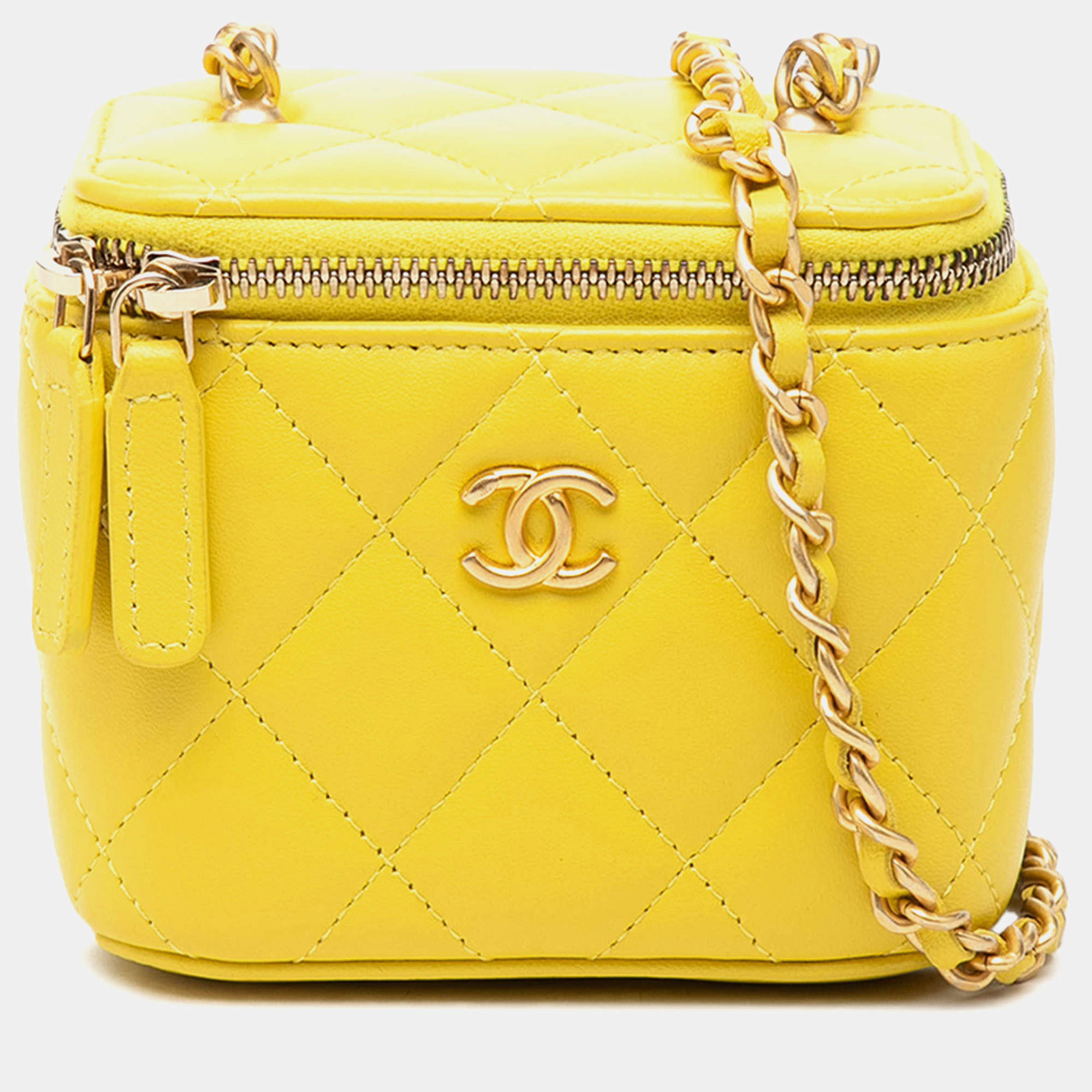 Pre Owned Chanel Mini CC Quilted Lambskin Yellow Vanity Case Crossbody Bag