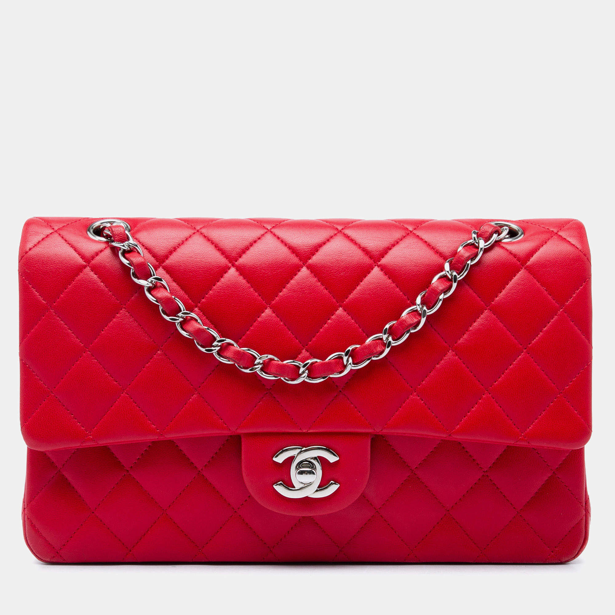 Pre Owned Chanel Medium Classic Flap Red Lambskin Leather Shoulder Bag