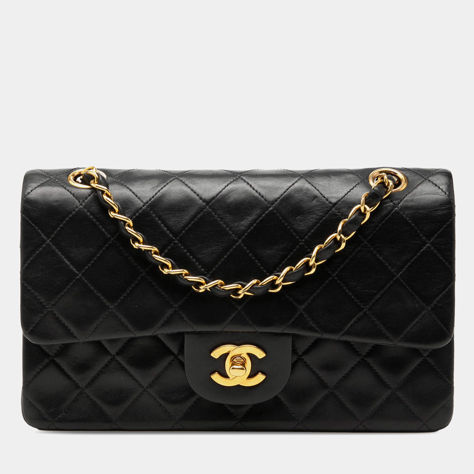 Pre Owned Chanel Small Classic Double Flap Black Lambskin Leather Shoulder Bag