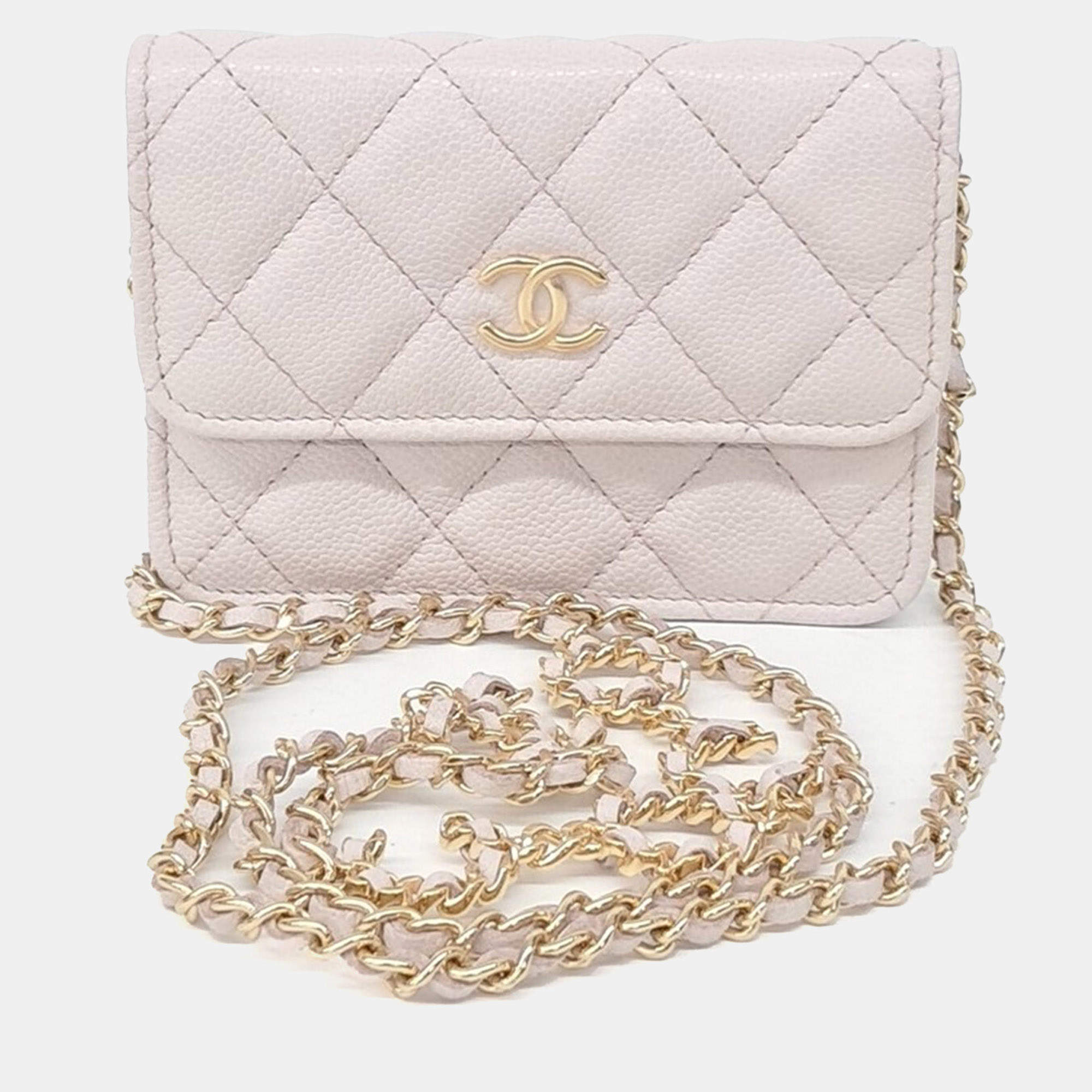 Pre Owned Chanel Grey Pink Leather Caviar Miss Coco Chain Card Wallet