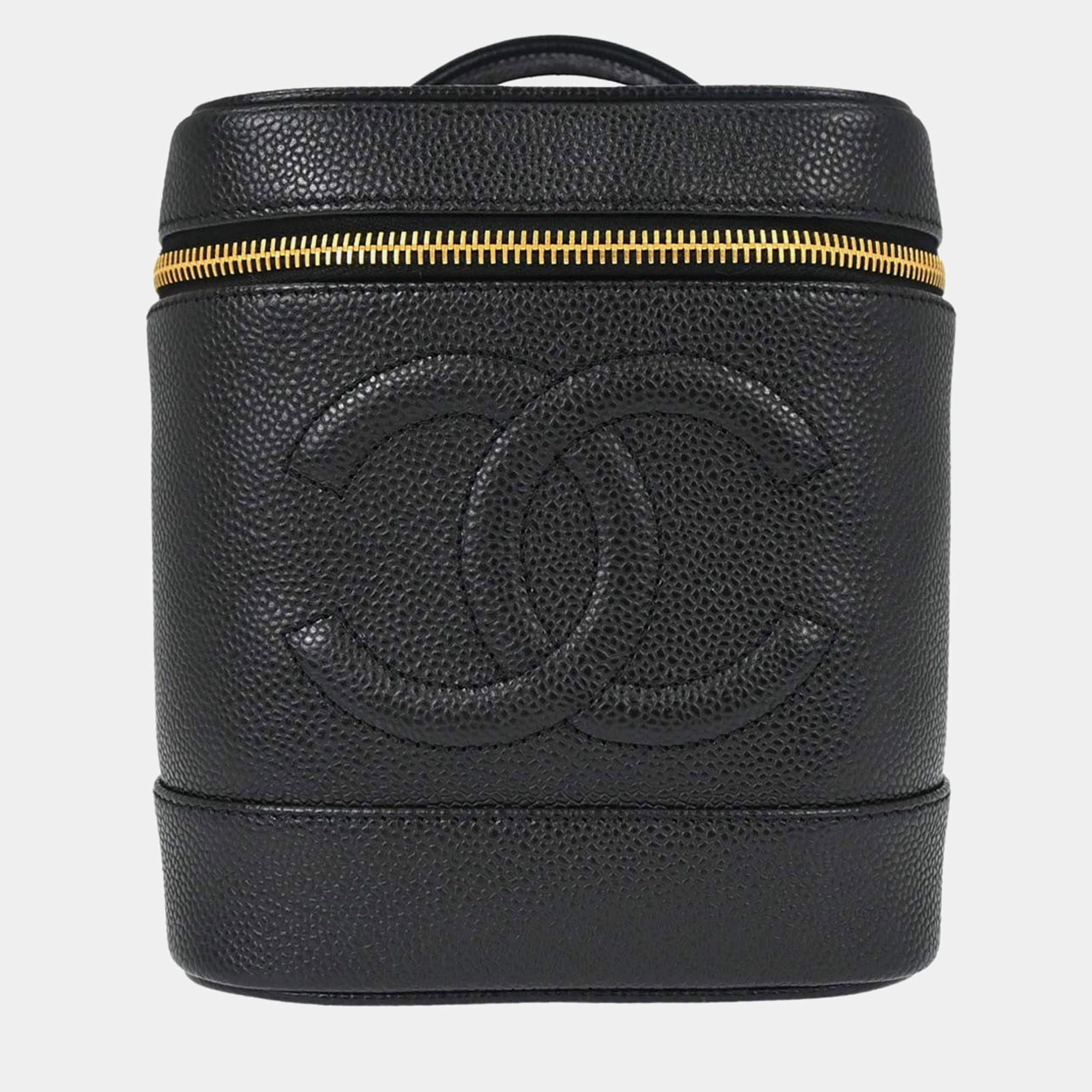 Pre Owned Chanel Timeless Vanity Medium Black Grained Calfskin Leather Top Handle Bag