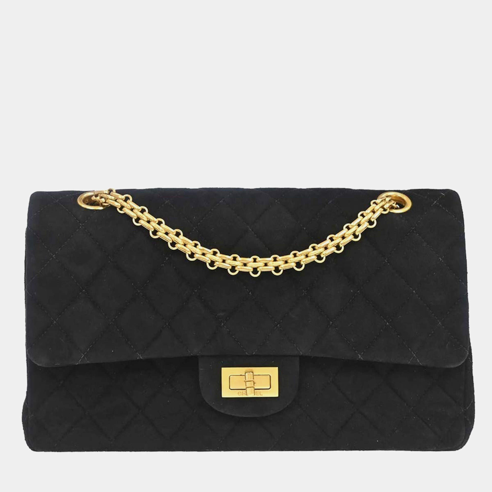 Pre Owned Chanel 2.55 Reissue 225 Black Quilted Suede Gold Hardware Double Flap Shoulder Bag