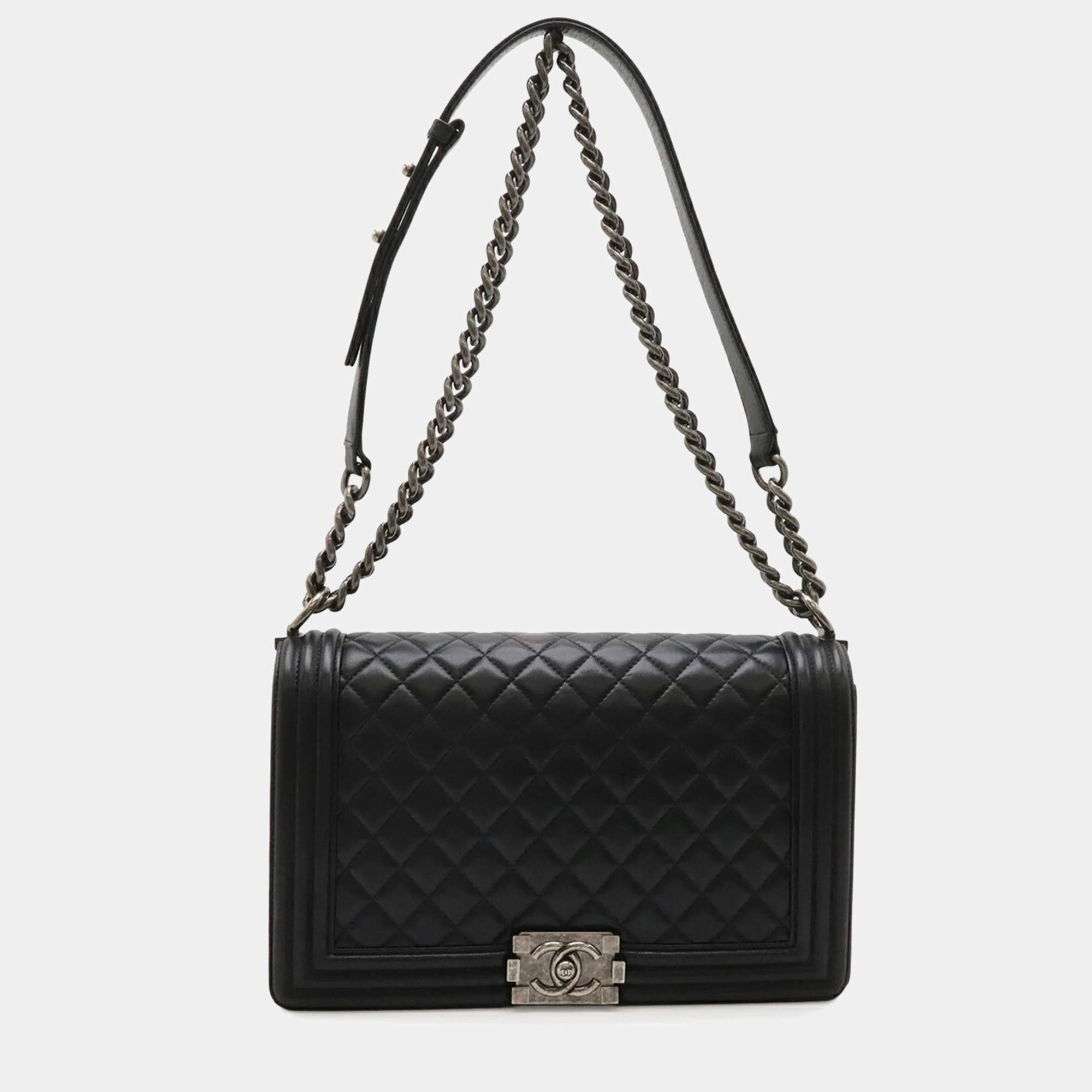 Pre Owned Chanel Boy Chanel Large Black Lambskin Leather Shoulder Bag