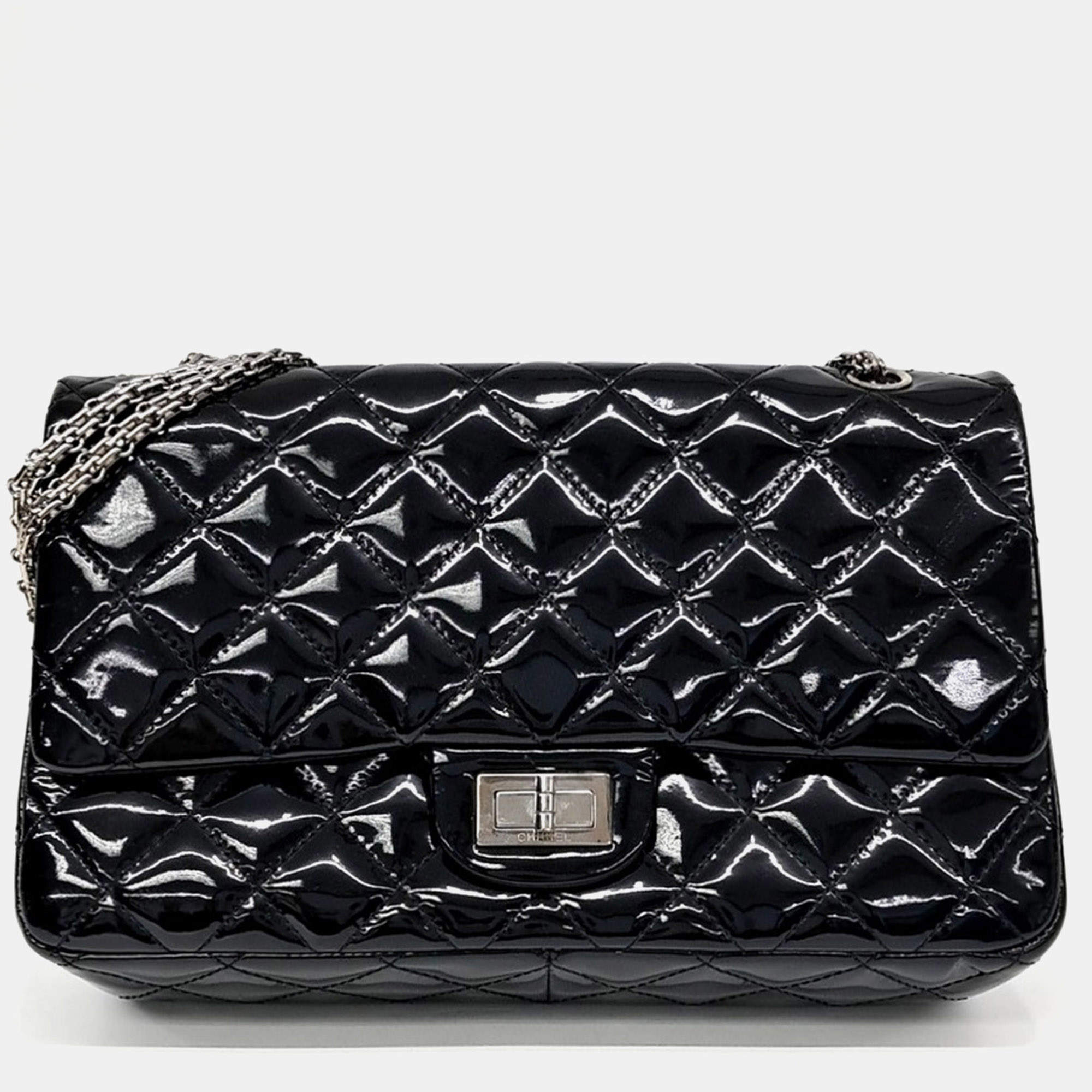 Pre Owned Chanel Black Patent Leather 2.55 Bag 32