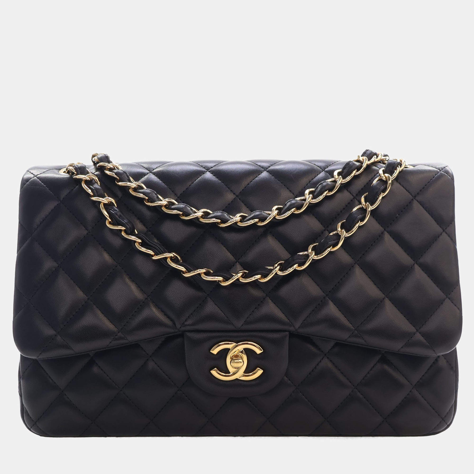 Pre Owned Chanel Classic Double Flap Jumbo Purple Metallic Lambskin Leather Shoulder Bag