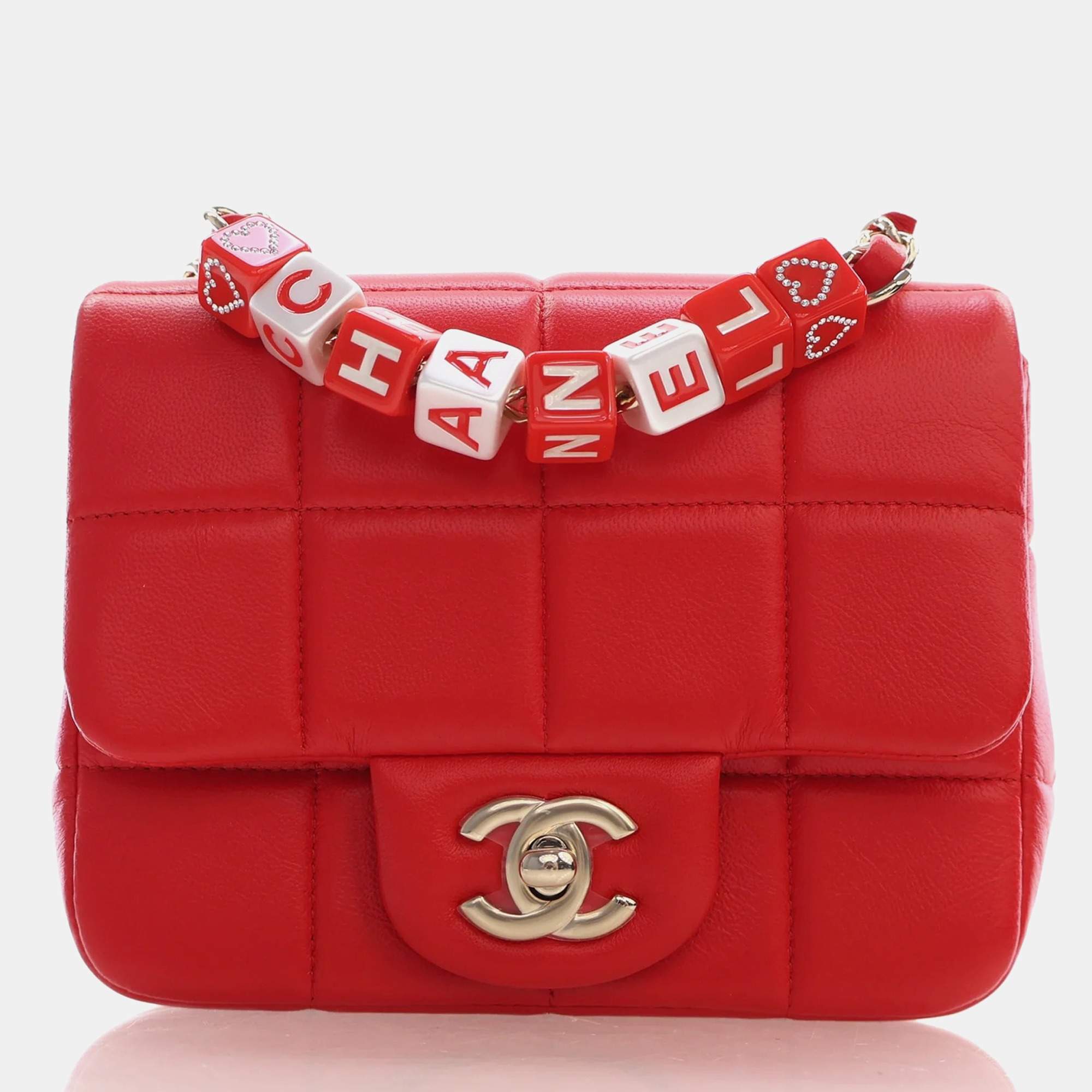 Pre Owned Chanel Monacoco Mini Red Lambskin Square Top Handle Flap Bag