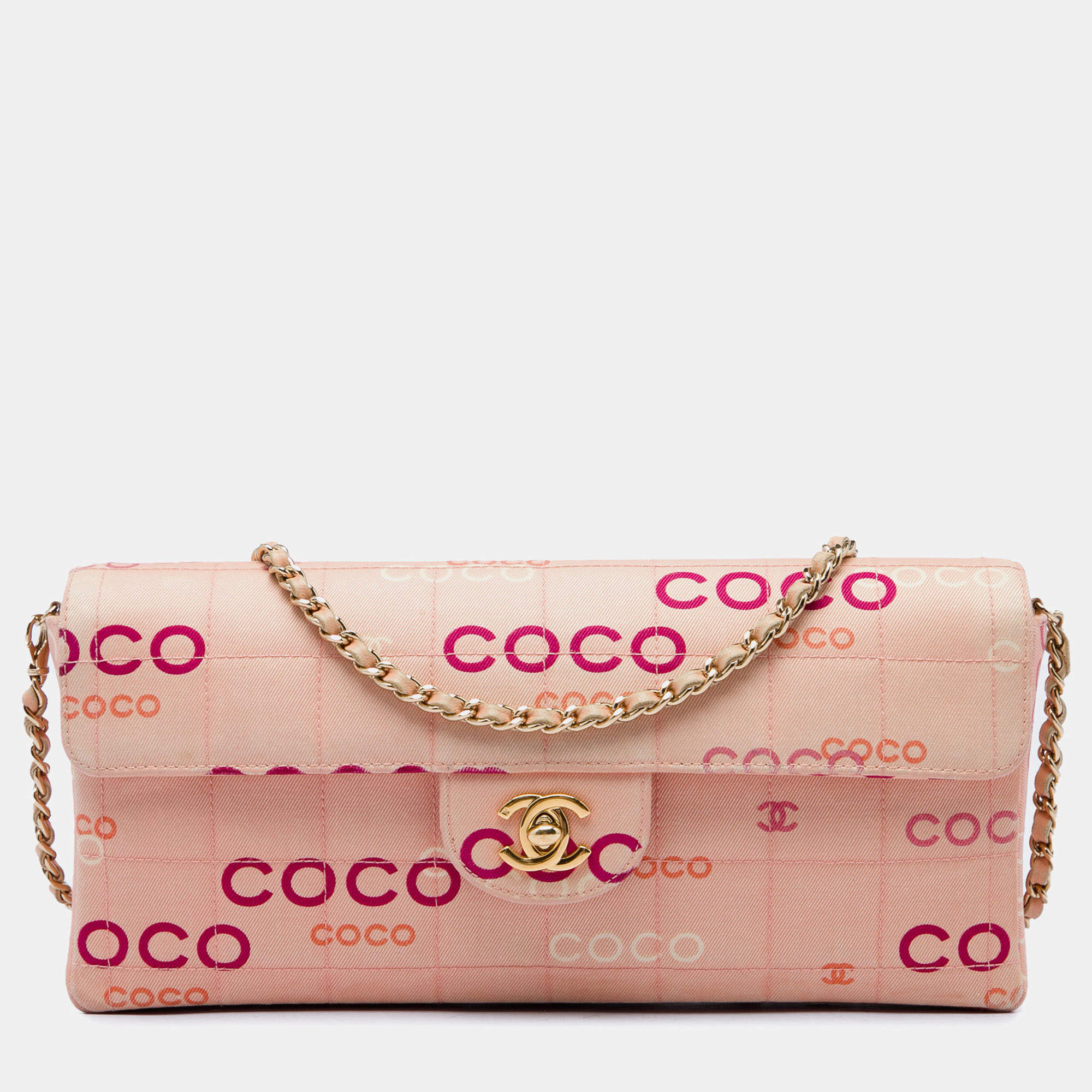 Pre Owned Chanel Chocolate Bar East West Pink COCO Print Canvas Shoulder Bag