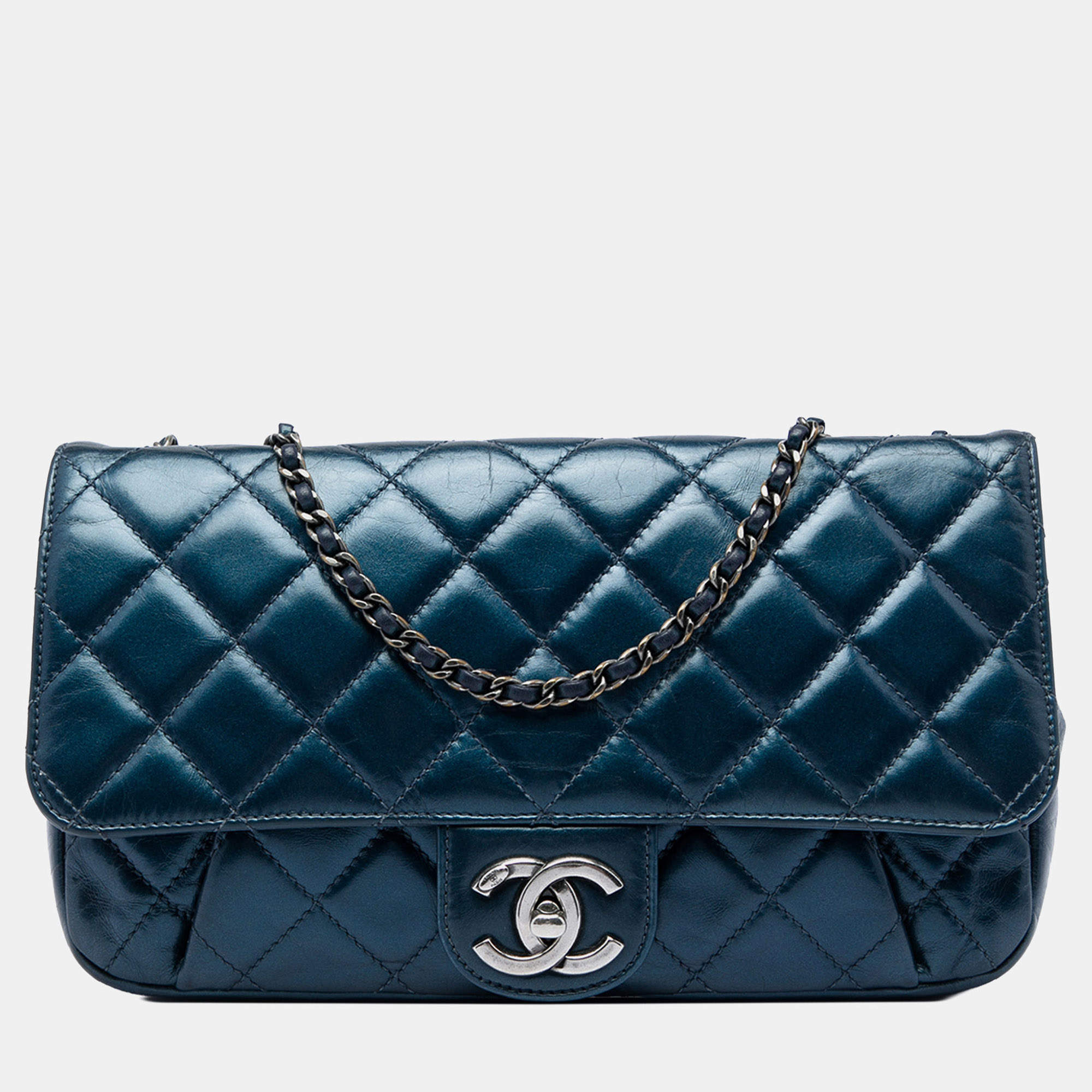 Pre Owned Chanel Coco Pleats Flap Medium Blue Quilted Glazed Calfskin Shoulder Bag