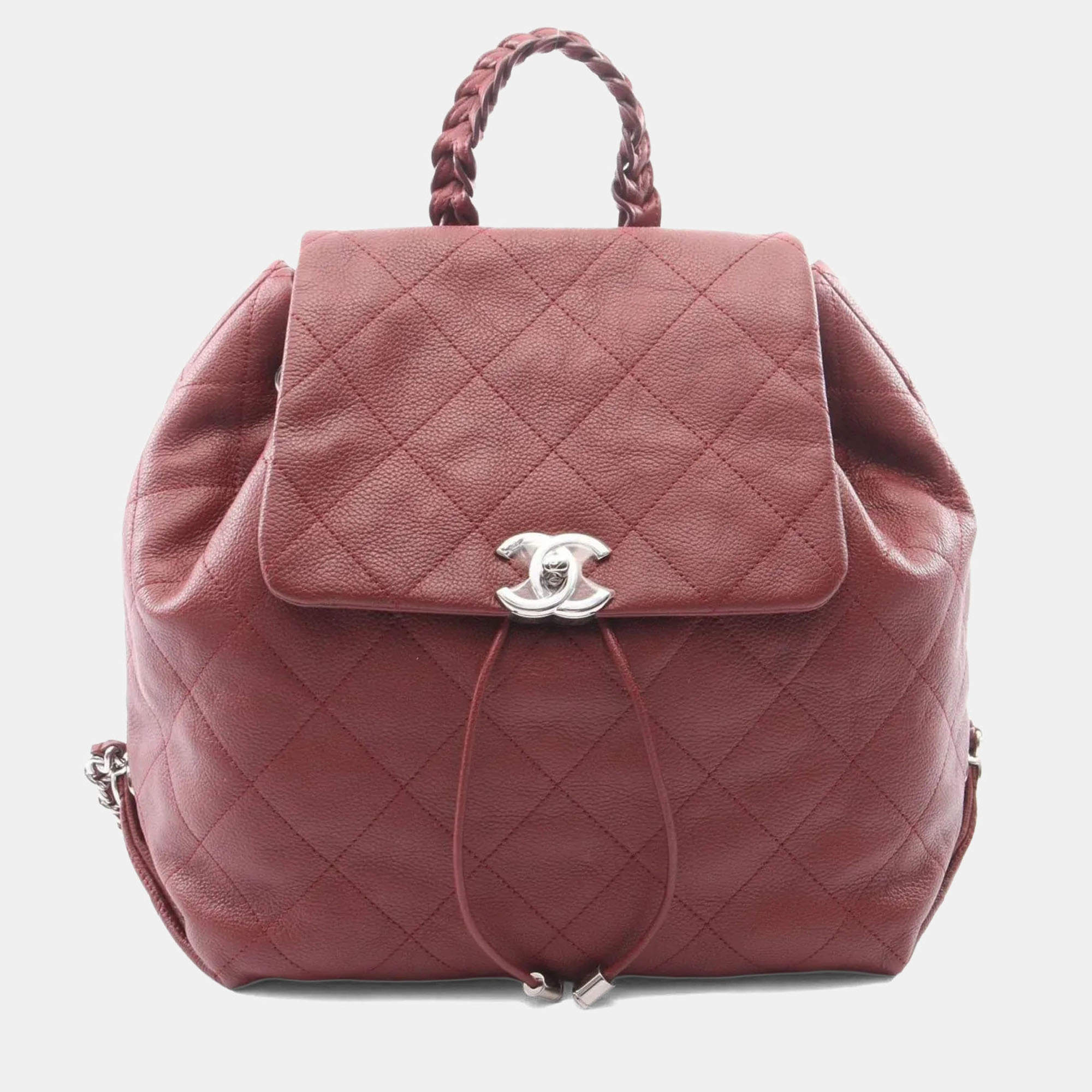 Pre Owned Chanel Braided With Style Medium Bordeaux Caviar Leather Drawstring Backpack Bag