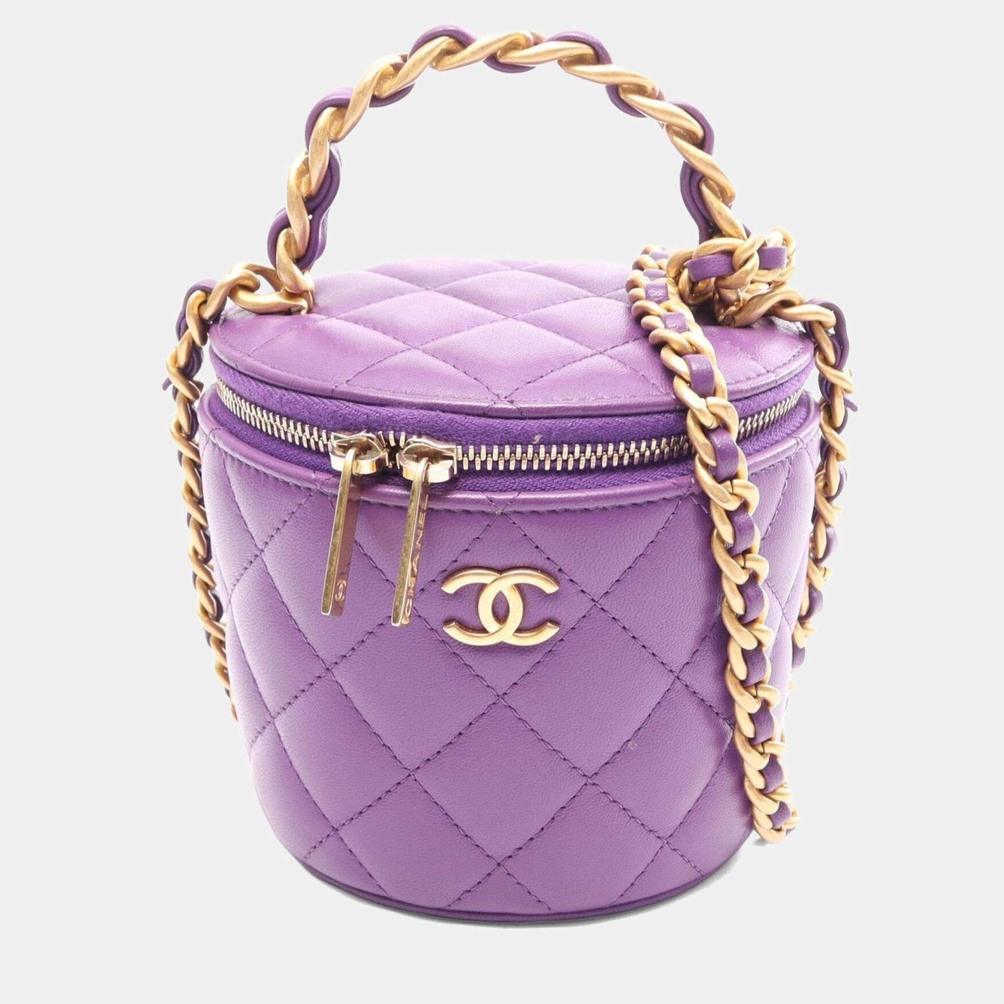 Pre Owned Chanel Afternoon Tea Small Purple Lambskin Leather Top Handle Bag