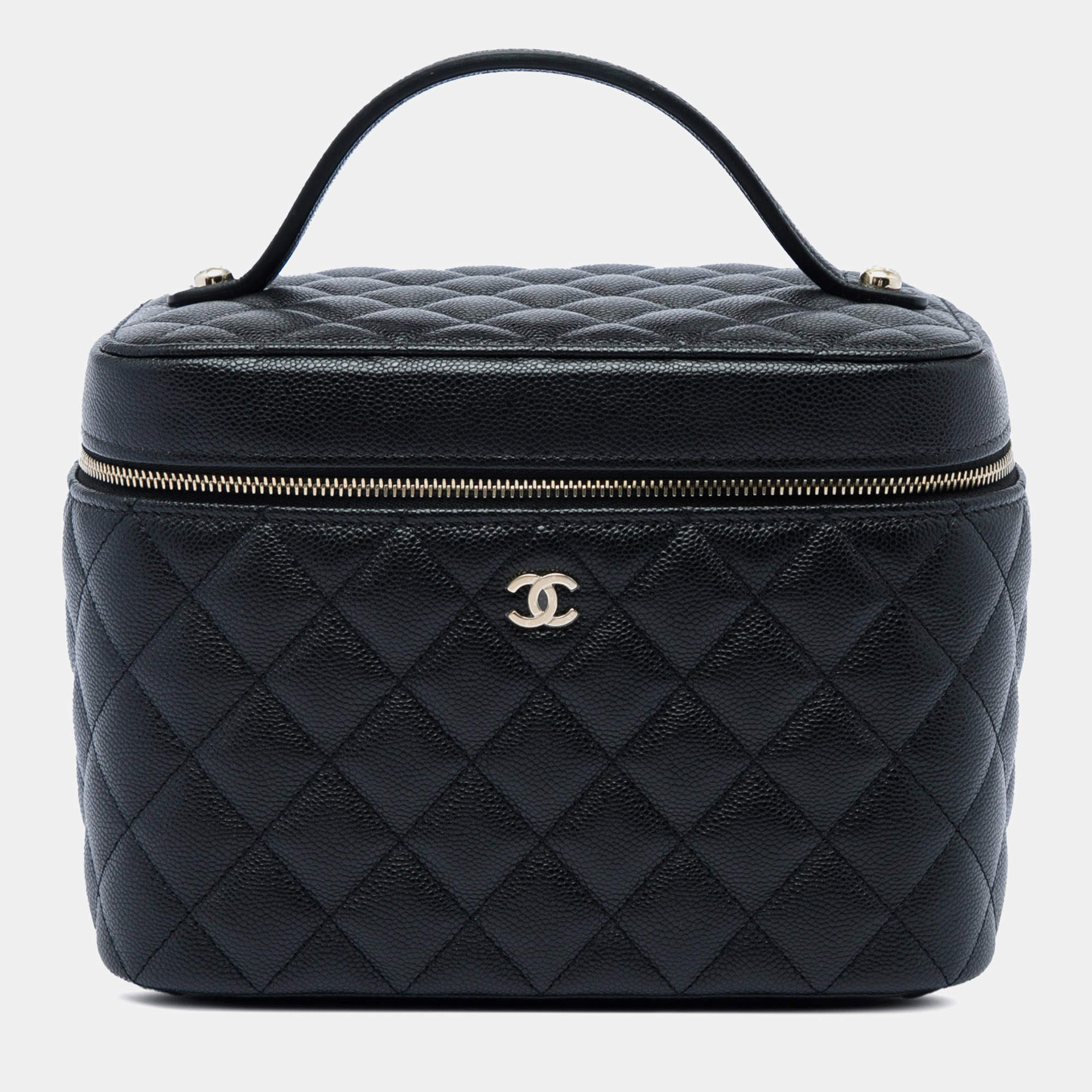 Pre Owned Chanel Medium CC Quilted Caviar Vanity Case Black Leather Top Handle Bag