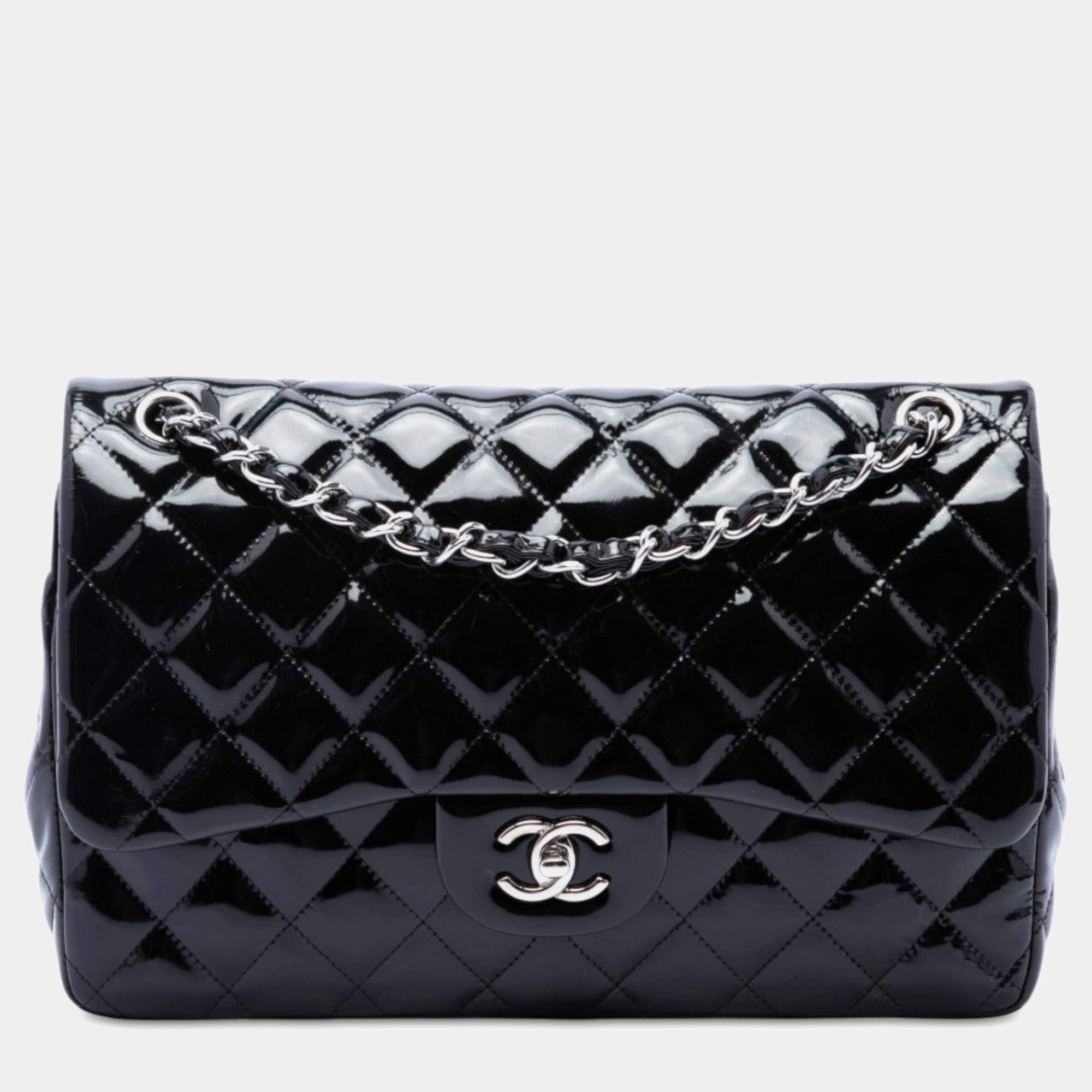 Pre Owned Chanel Jumbo Classic Flap Black Patent Leather Shoulder Bag