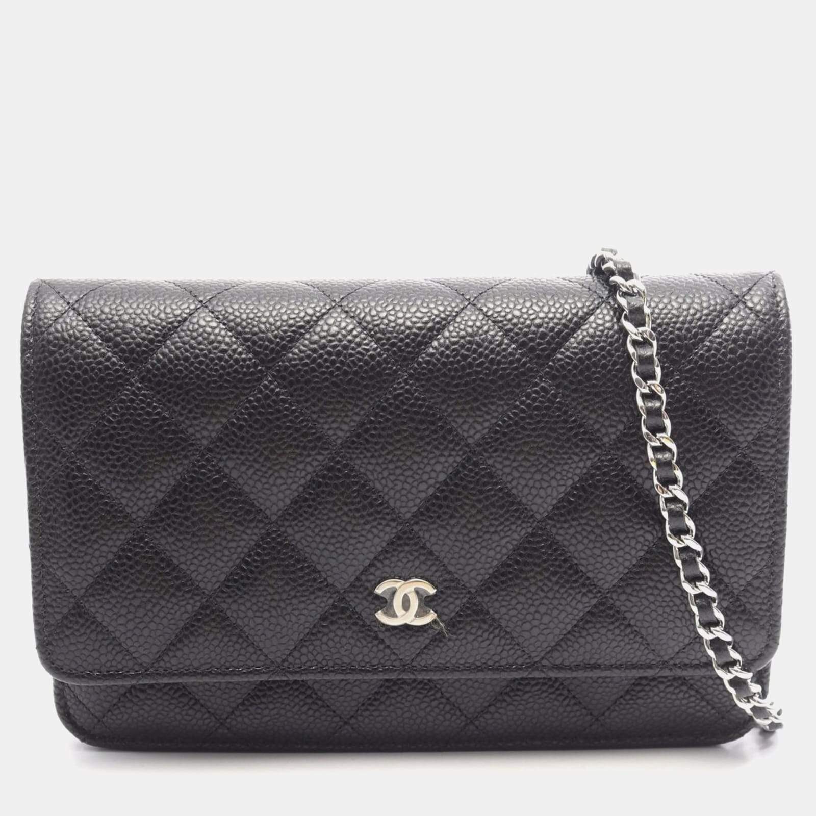 Pre Owned Chanel Classic Wallet on Chain Black Grained Calfskin Leather Crossbody Bag