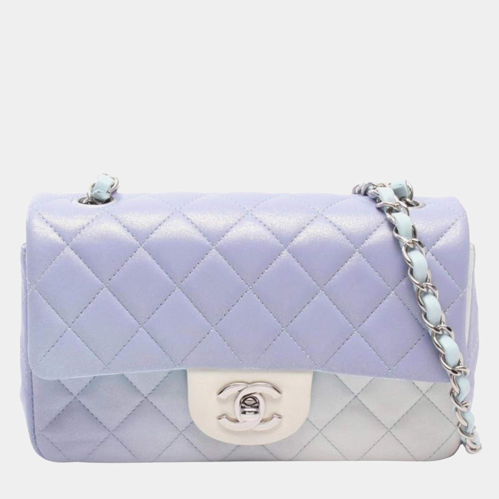 مملوكة مسبقًا Chanel Classic Mini Rectangular 20 Purple Light Blue White Ombre Iridescent Lambskin Leather Single Flap Bag
